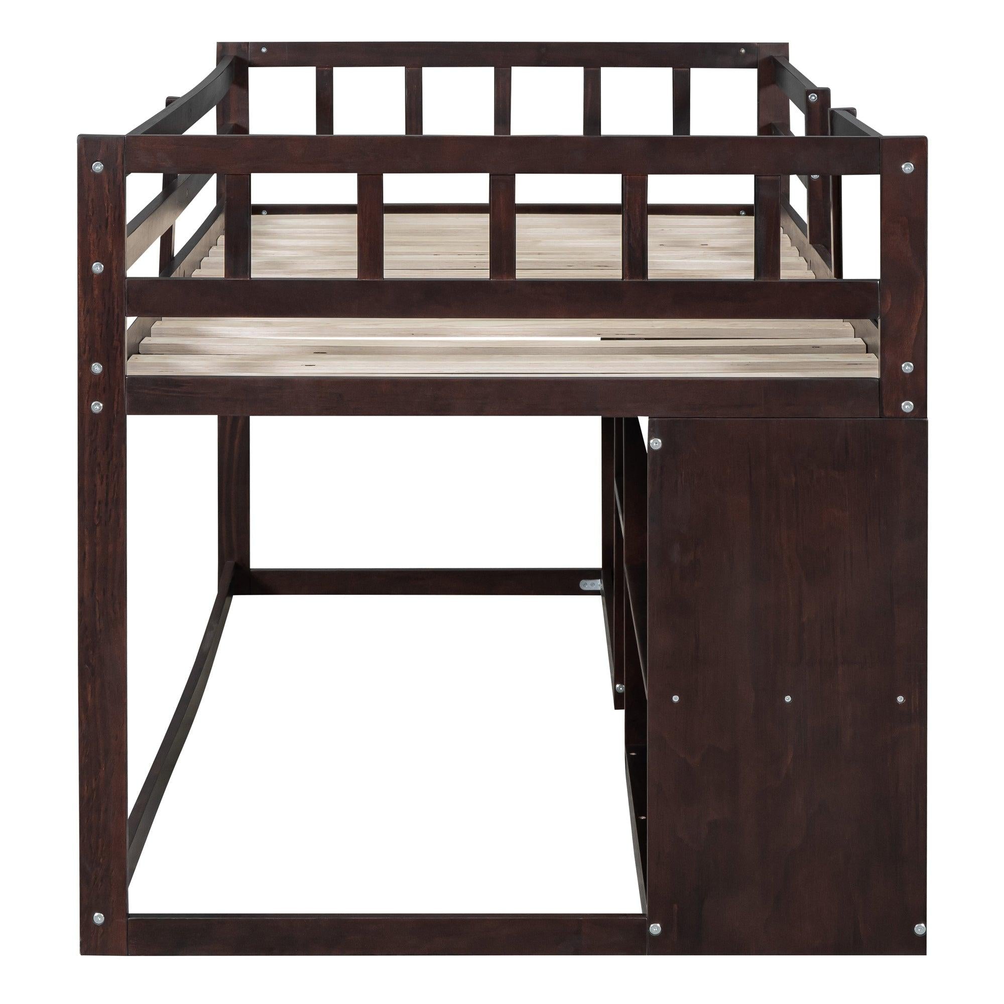 Twin Size Low Loft Bed with Rolling Desk, Shelf and Drawers - Espresso