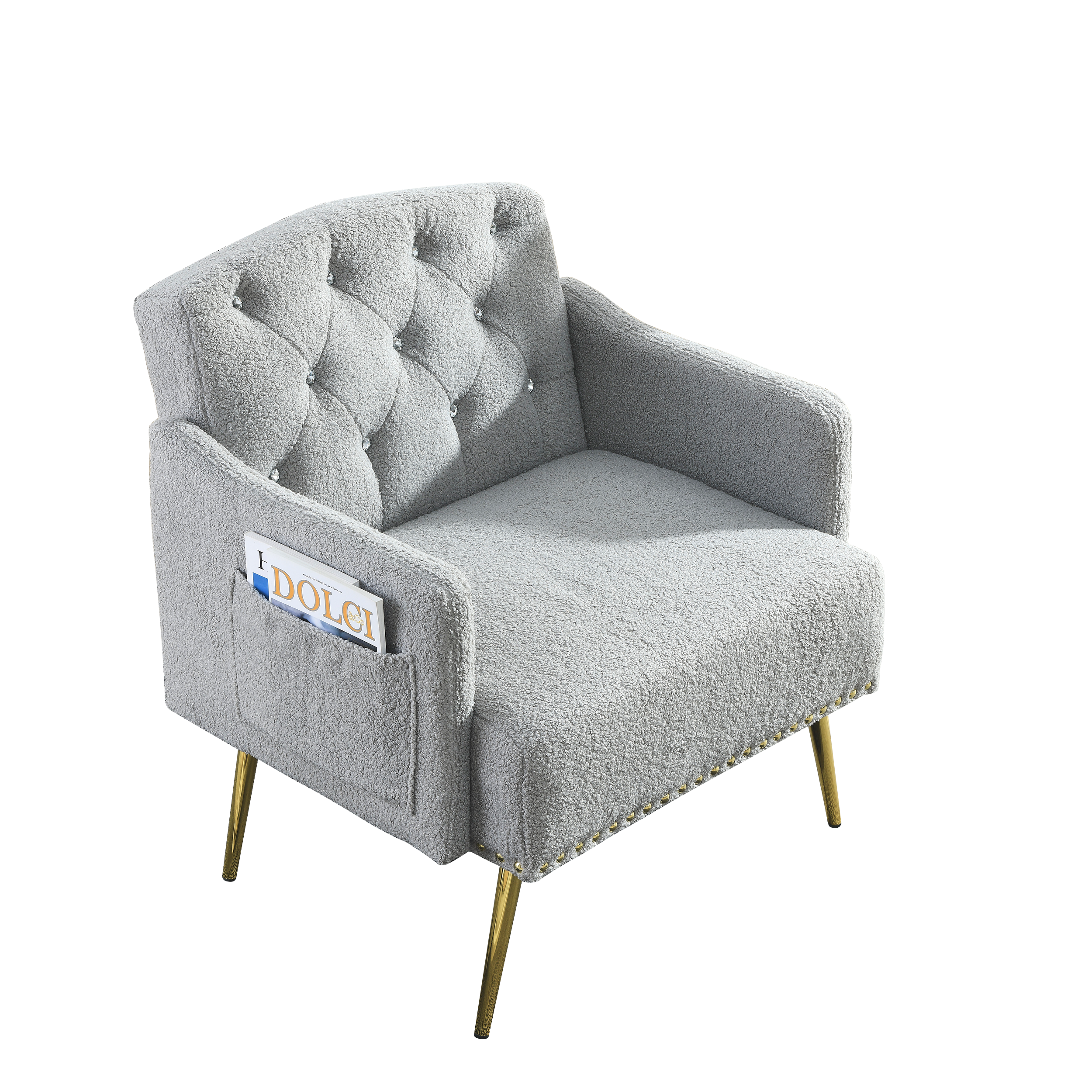 30 "WModern Chesterfield Tufted Upholstered Chair with Deep Buttons, Living Room Chair, Comfortable Armchair, Gold Hardware Legs, Tufted Chair for Reading or Relaxing, GREY TEDDY