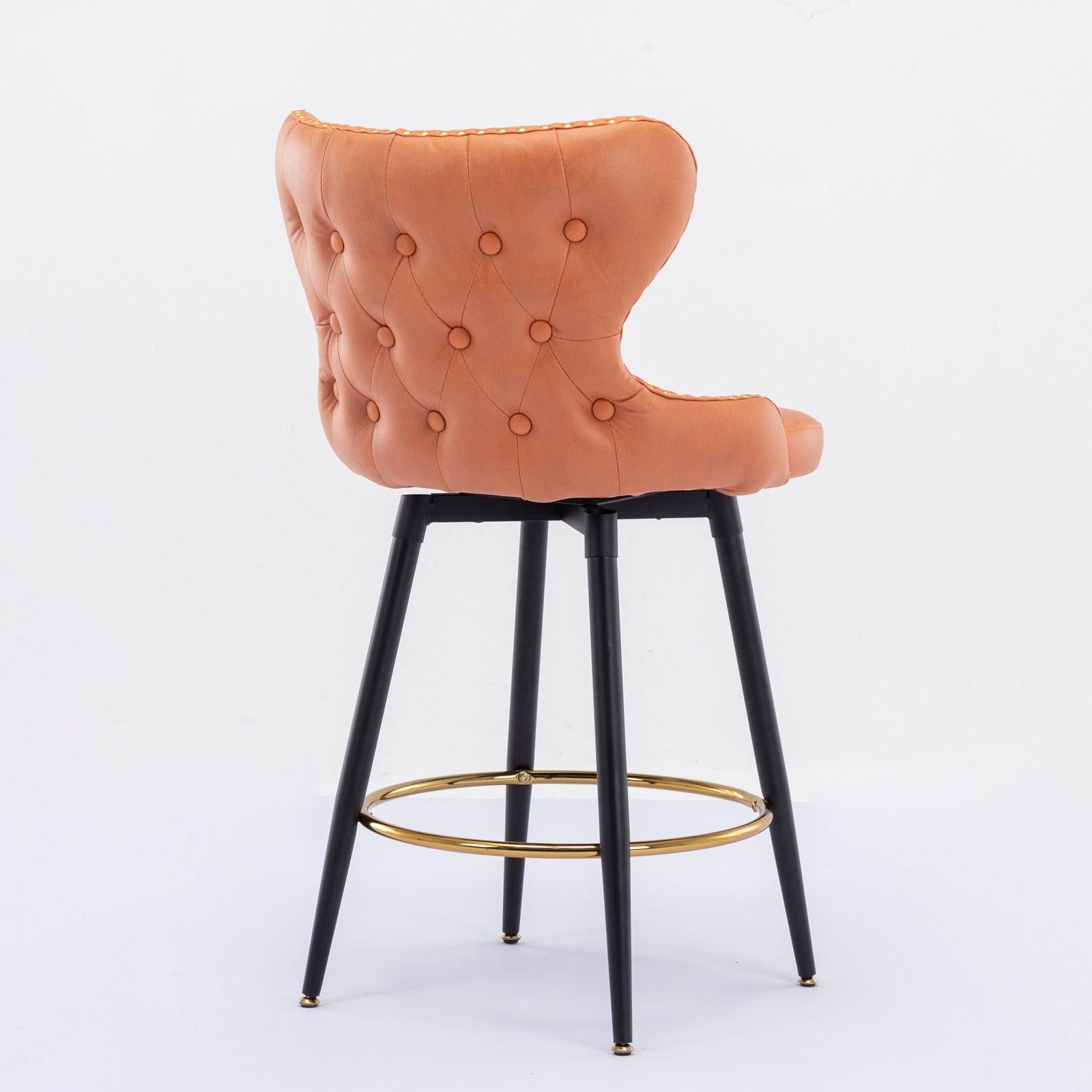 Counter Height 25"Modern Leathaire Fabric bar chairs,180° Swivel Bar Stool Chair for Kitchen,Tufted Gold Nailhead Trim Bar Stools with Metal Legs,Set of 2 (Orange)