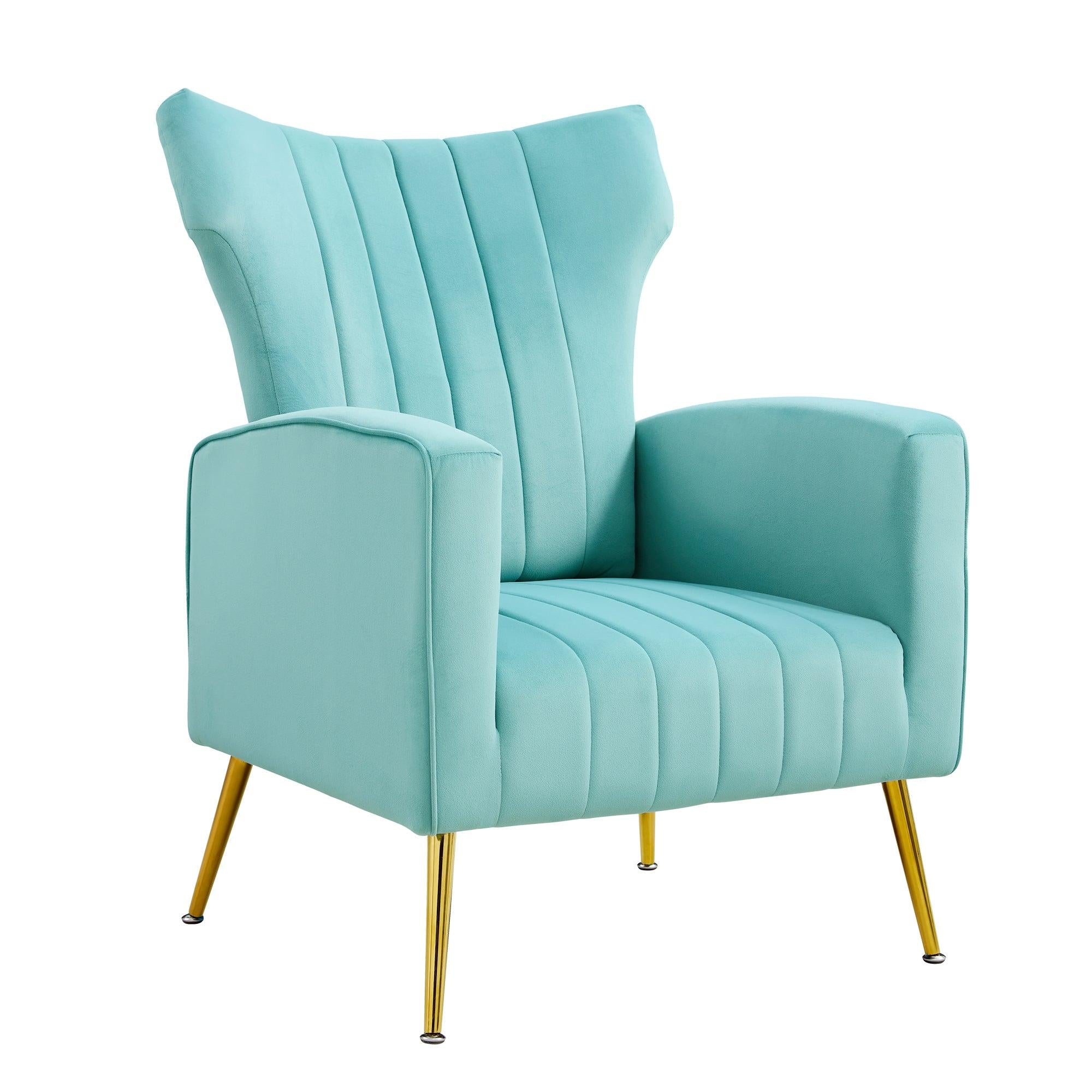 Modern Velvet Accent Chair with Arms, Wingback Reading Chair with Gold Metal Legs, Comfy Upholstered Single Leisure Sofa for Living Room Bedroom Club(Velvet+Blue)