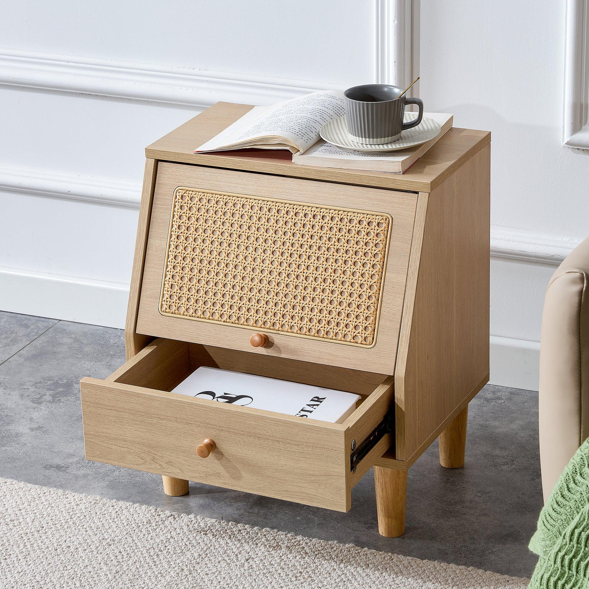 Modern simpleStorage cabinet MDF Board bedside cabinet Japanese rattan bedside cabinet Small household furniture bedside table.Applicable to dressing table in bedroom, porch, living room.2 Drawers