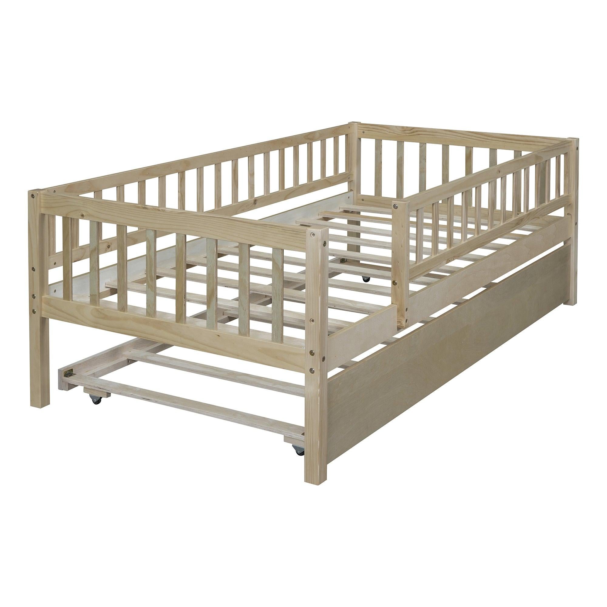 Twin Size Wood Daybed with Trundle and Fence Guardrails, Natural