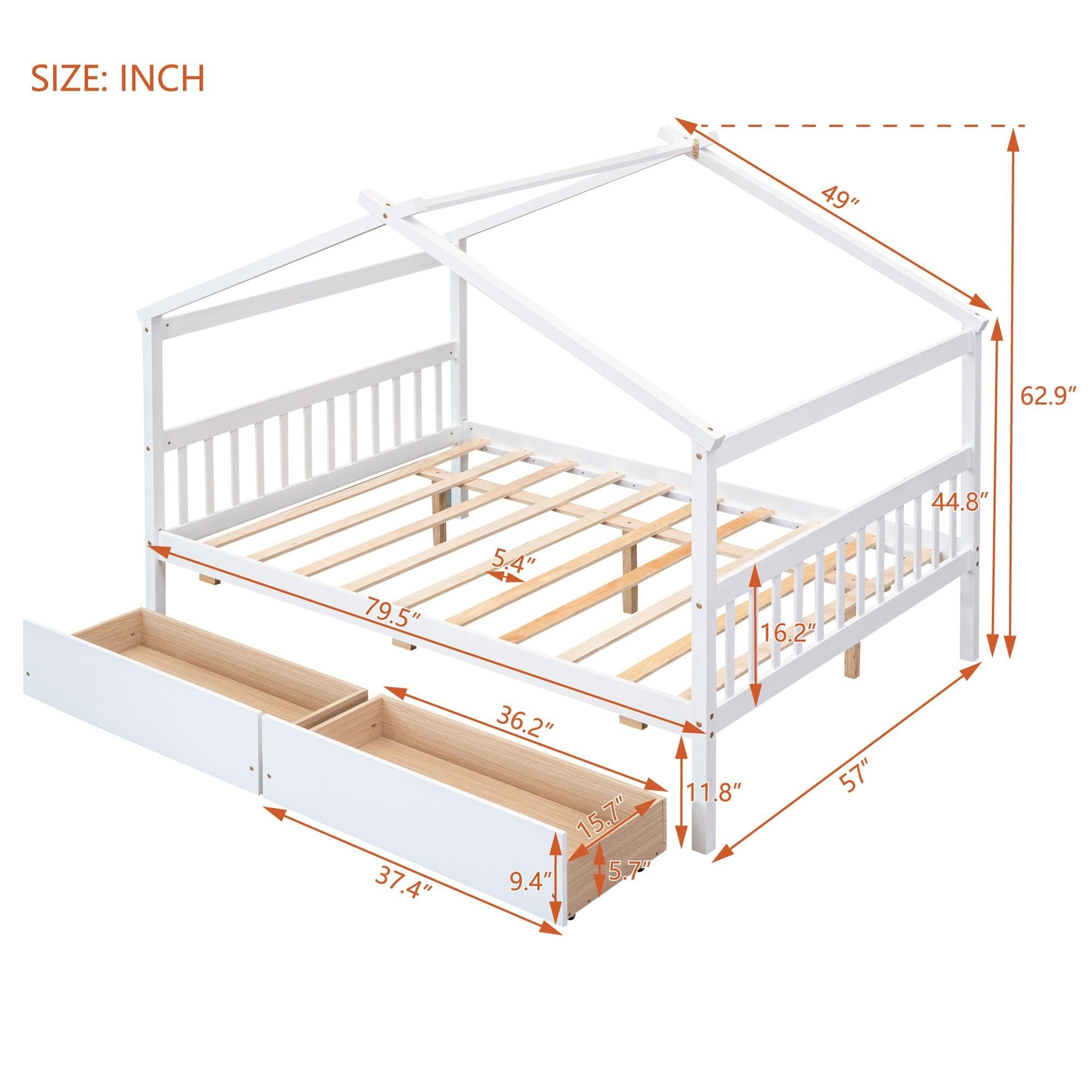 Full Size Wooden House Bed with Drawers, White