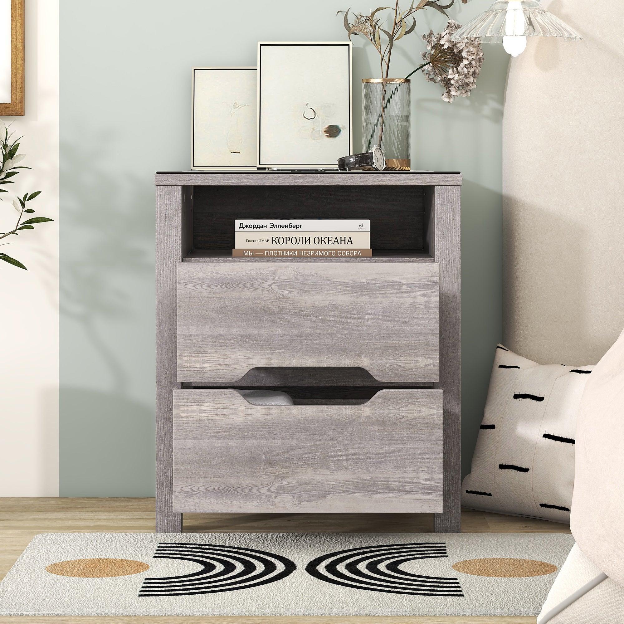 MultifunctionalStorage Nightstand with 2 Drawers and an open shelf, Wireless Charging with adjustable LED, Brown