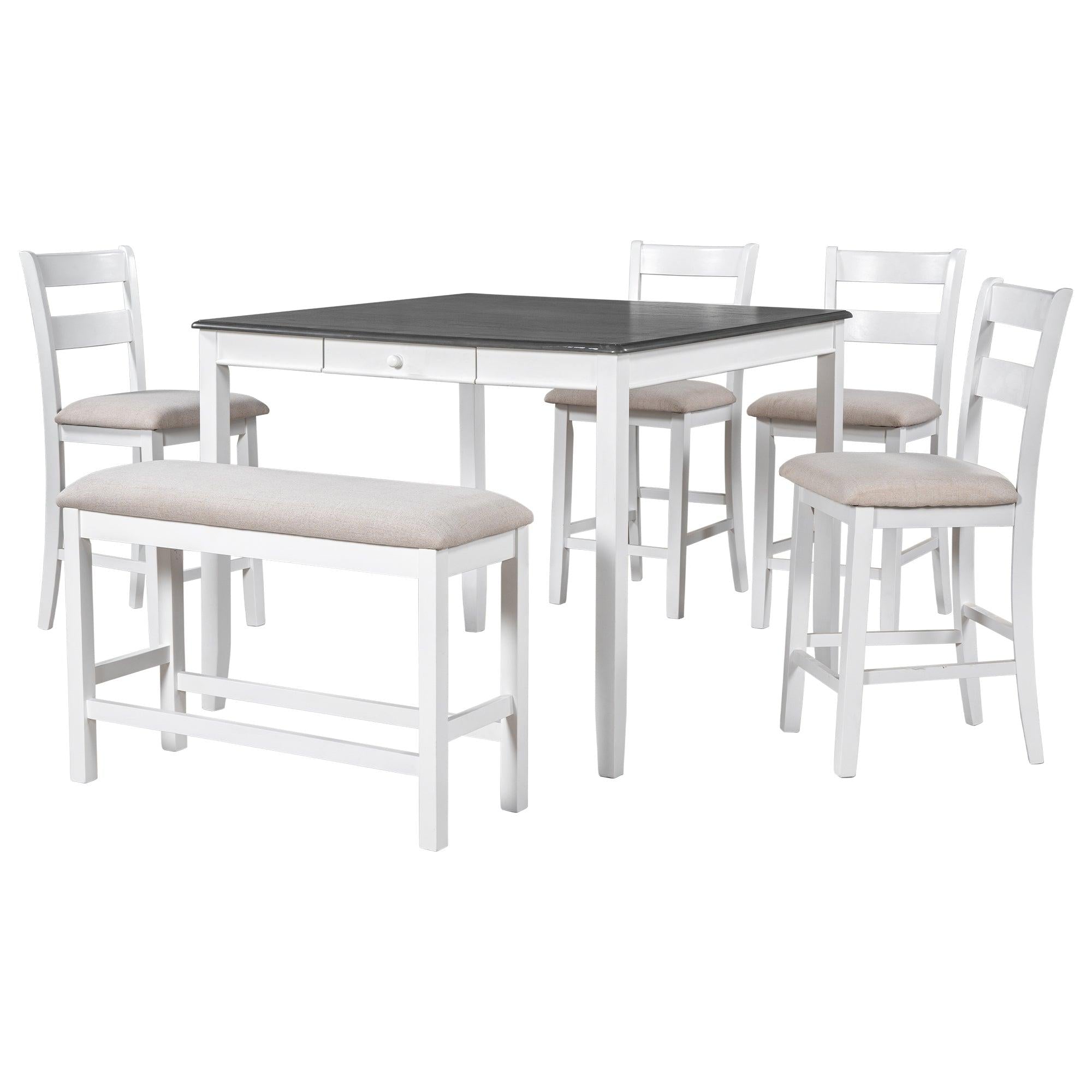 Wood 6-Piece Dining Table Set withStorage Drawer, Counter Height Square Kitchen Set with Upholstered Chair and Bench, White