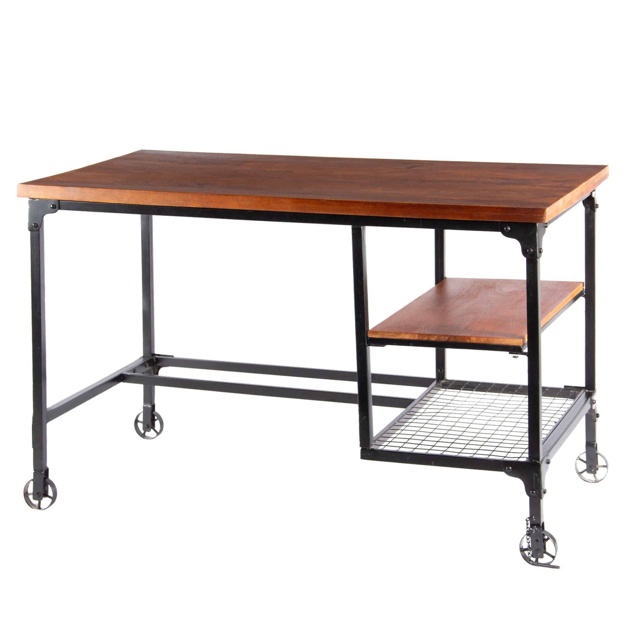 Industrial Style Wood and Metal Desk with Two Bottom Shelves, Brown and Black