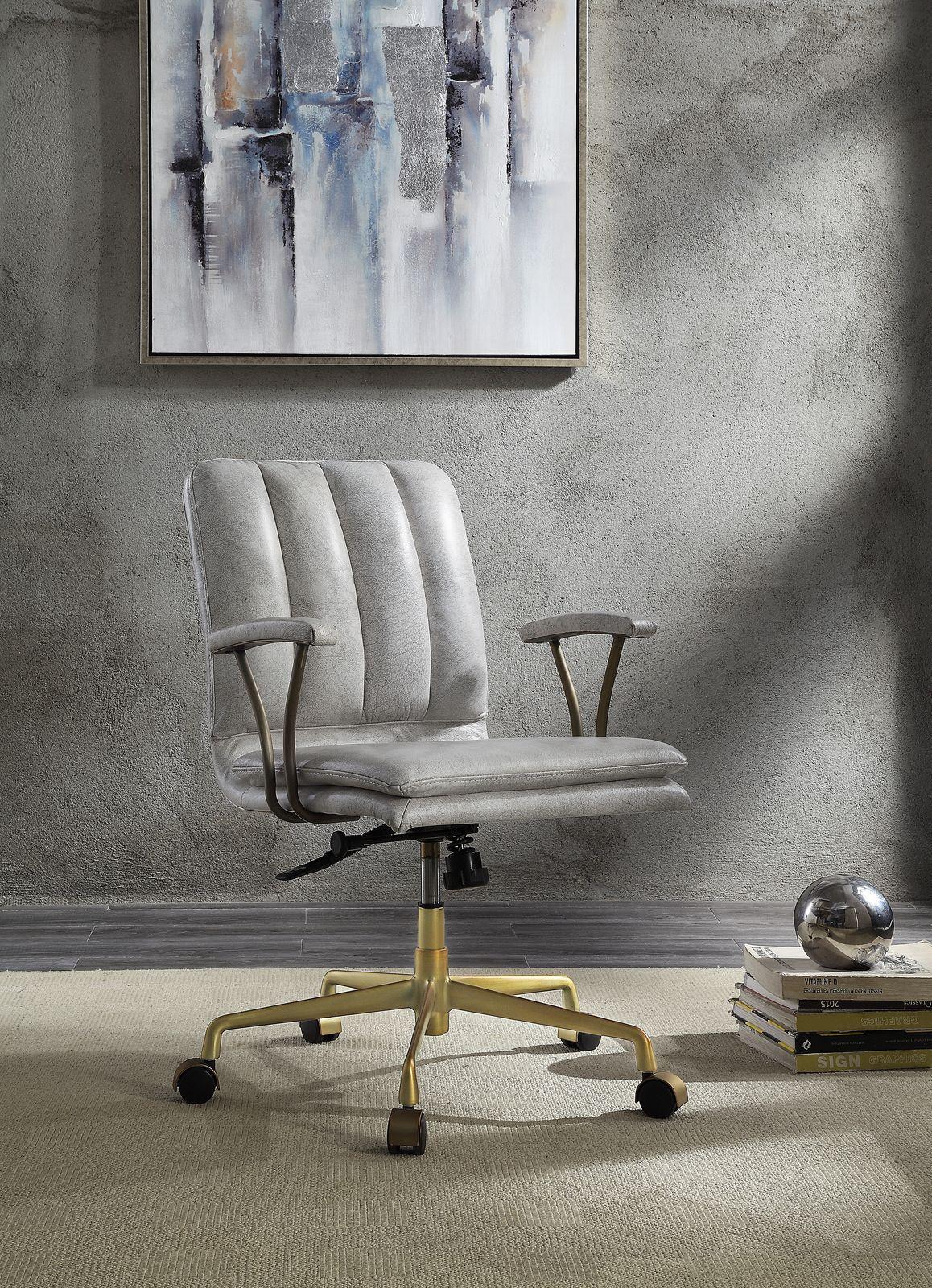 ACME Damir Office Chair, Vintage White Top Grain Leather & Gold 92422 image