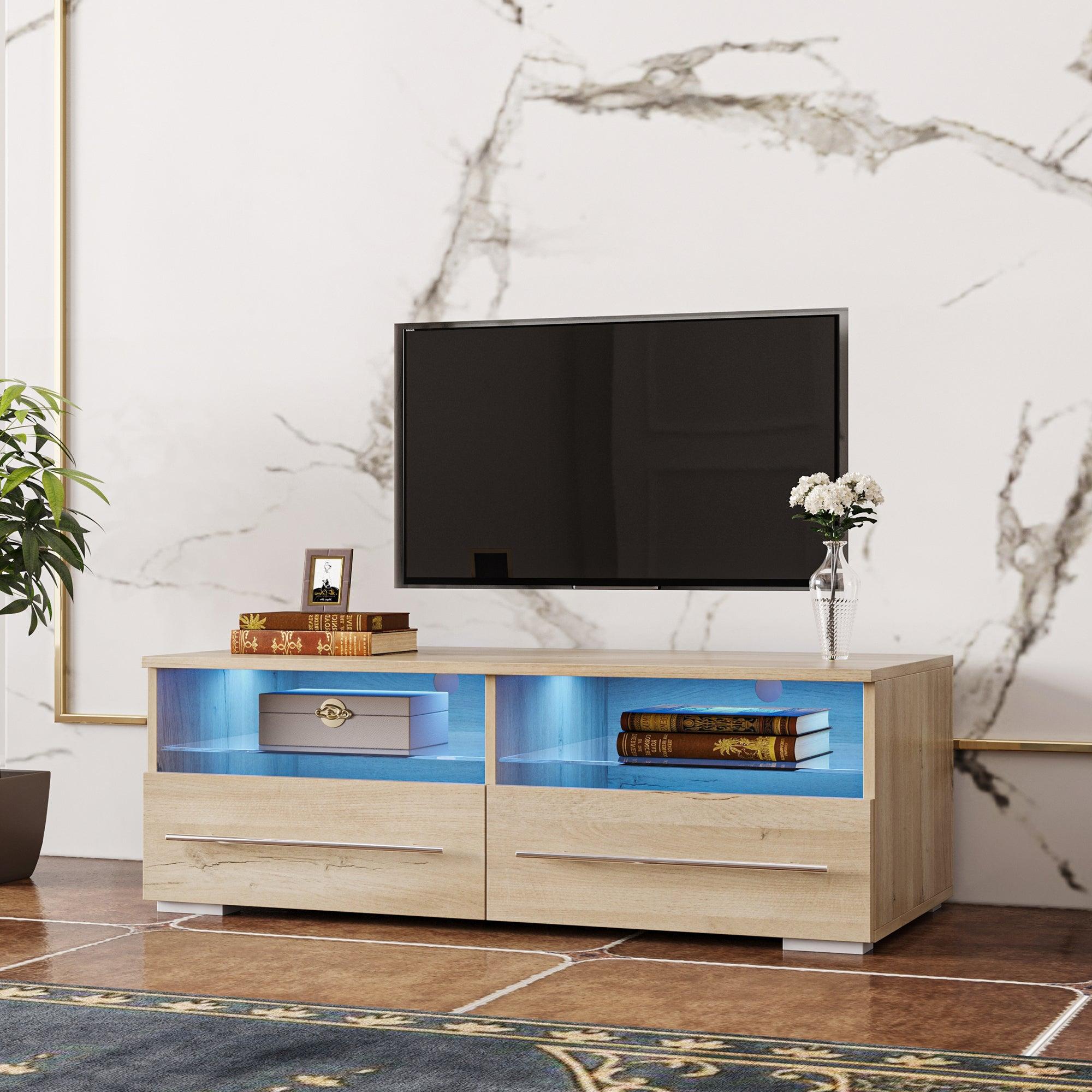 The  TV cabinet has two drawers with color-changing light strips, Rustic Oak