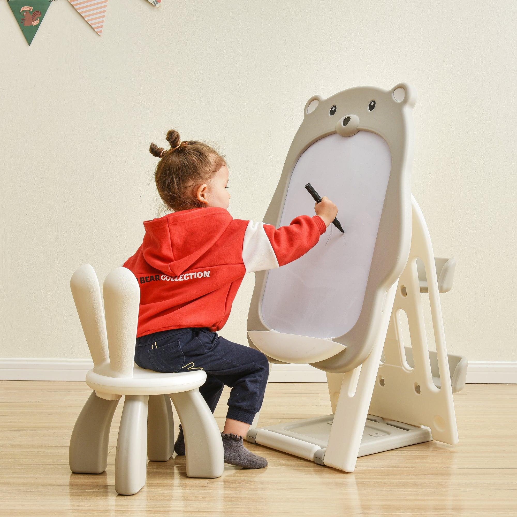 Folding Kids Art Easel with Stool and Adjustable Whiteboard, Standing Foldable Easel-Dry Erase Board with Book Shelf and Toddler Chair for Girls and Boys