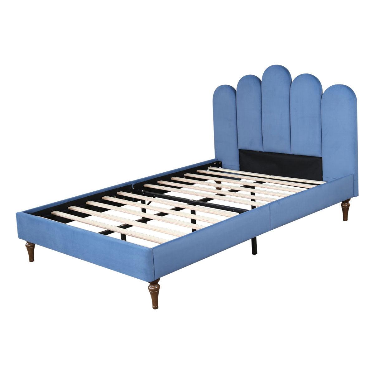 Full Size Linen  Upholstered Platform Bed With Wooden Slat and Metal Support legs.Blue Color