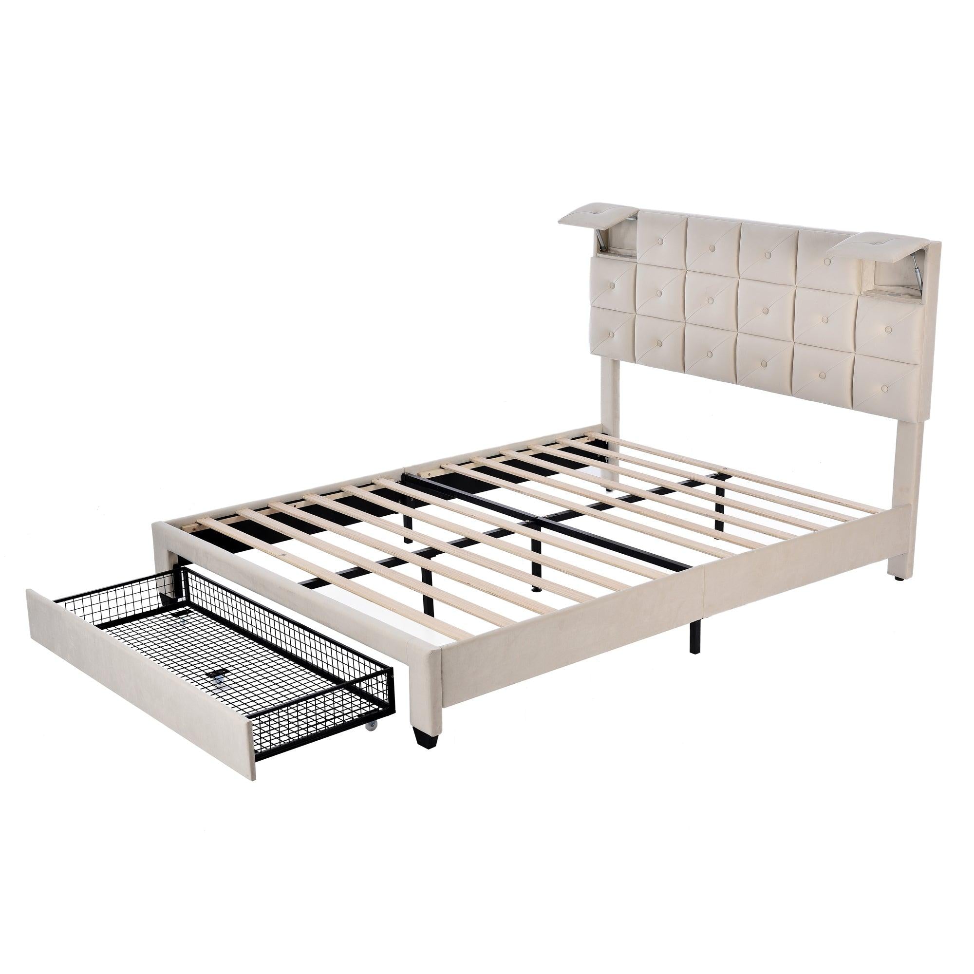 UpholsteredStorage Bed with Two Wireless Chargers and Motion Activated Night Light,Queen Size Velvet Platform Bed with a Big Drawer,Beige