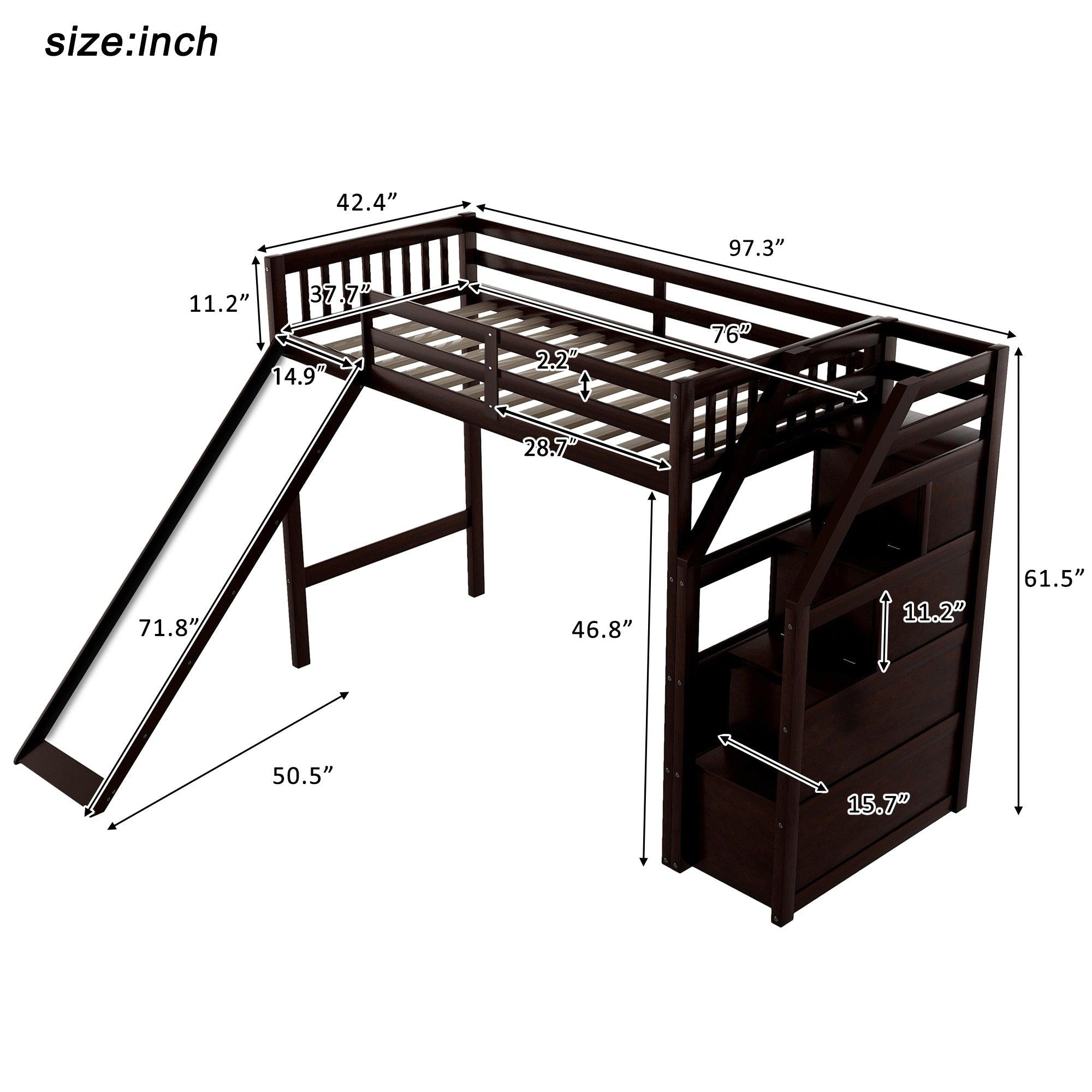 Twin Size Loft Bed withStorage and Slide, Espresso