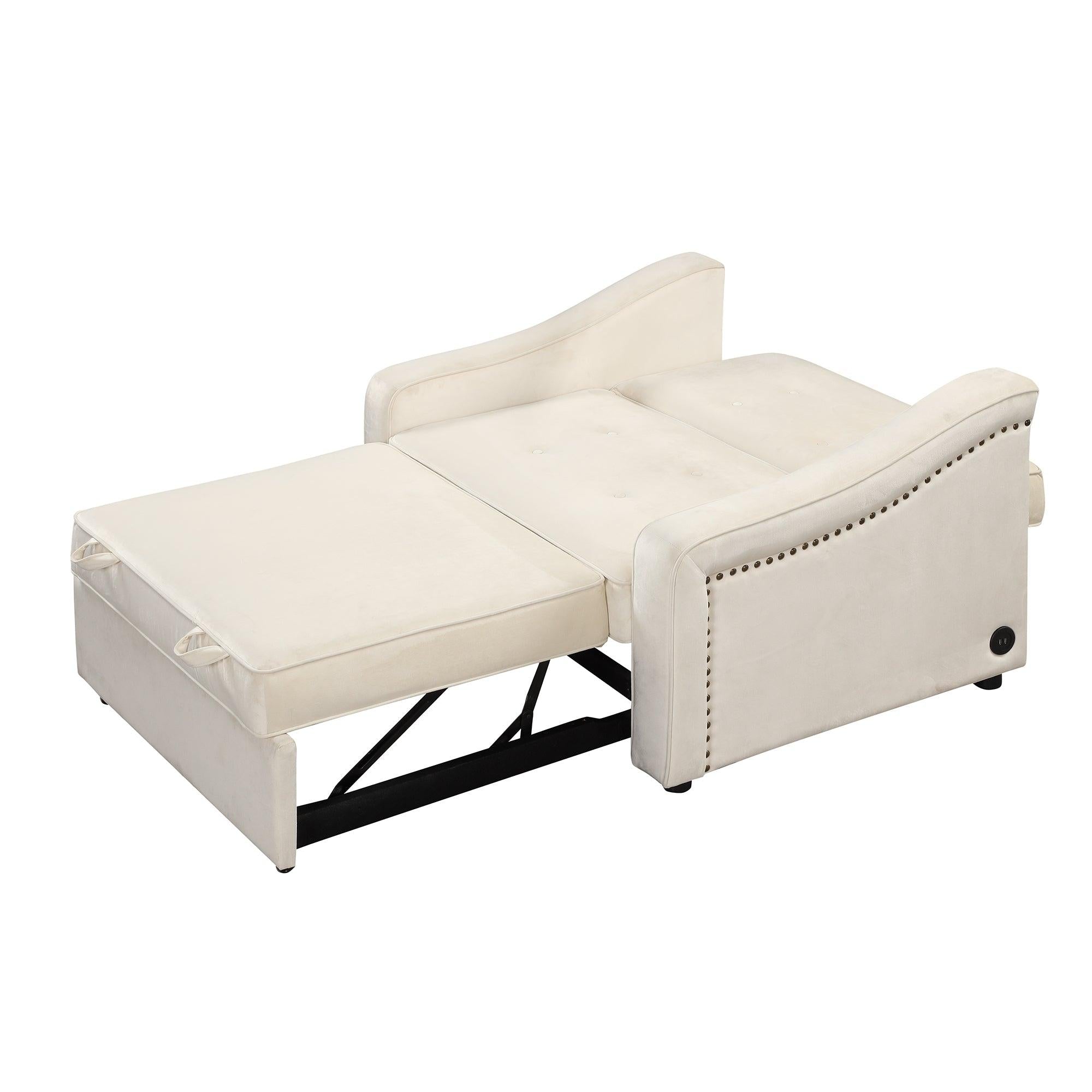 50.6" Convertible Sleeper Bed, Adjustable Sofa Couch with Dual USB Ports for Living Room Space,Cream White