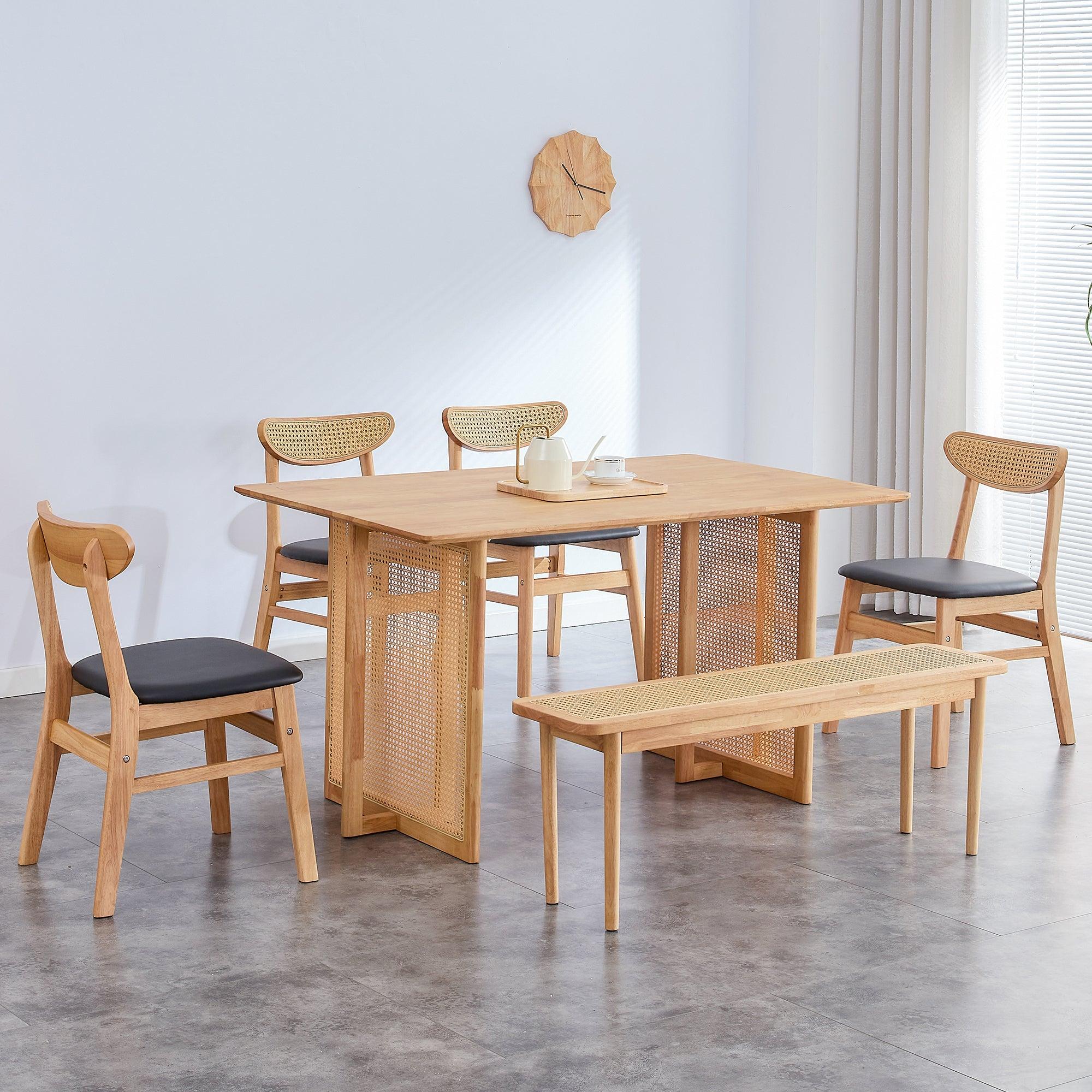 Solid wood dining table and 4-piece set of solid wood dining chairs and solid wood benche