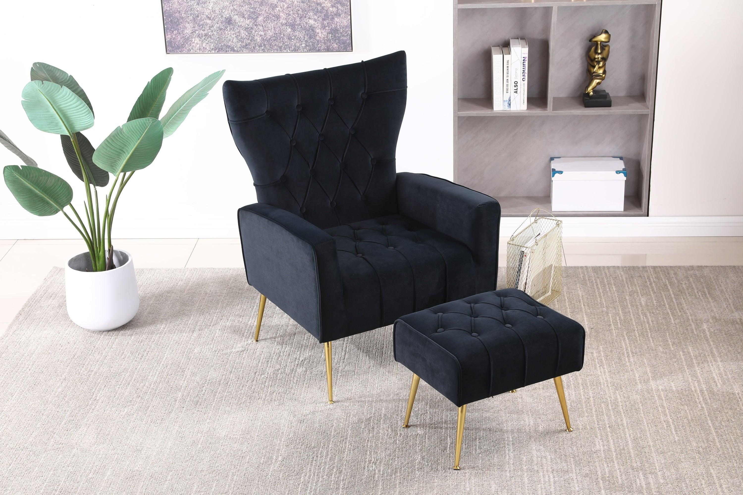 Modern Accent Chair with Ottoman,  Comfy  Armchair for Living Room, Bedroom, Apartment, Office (Black)