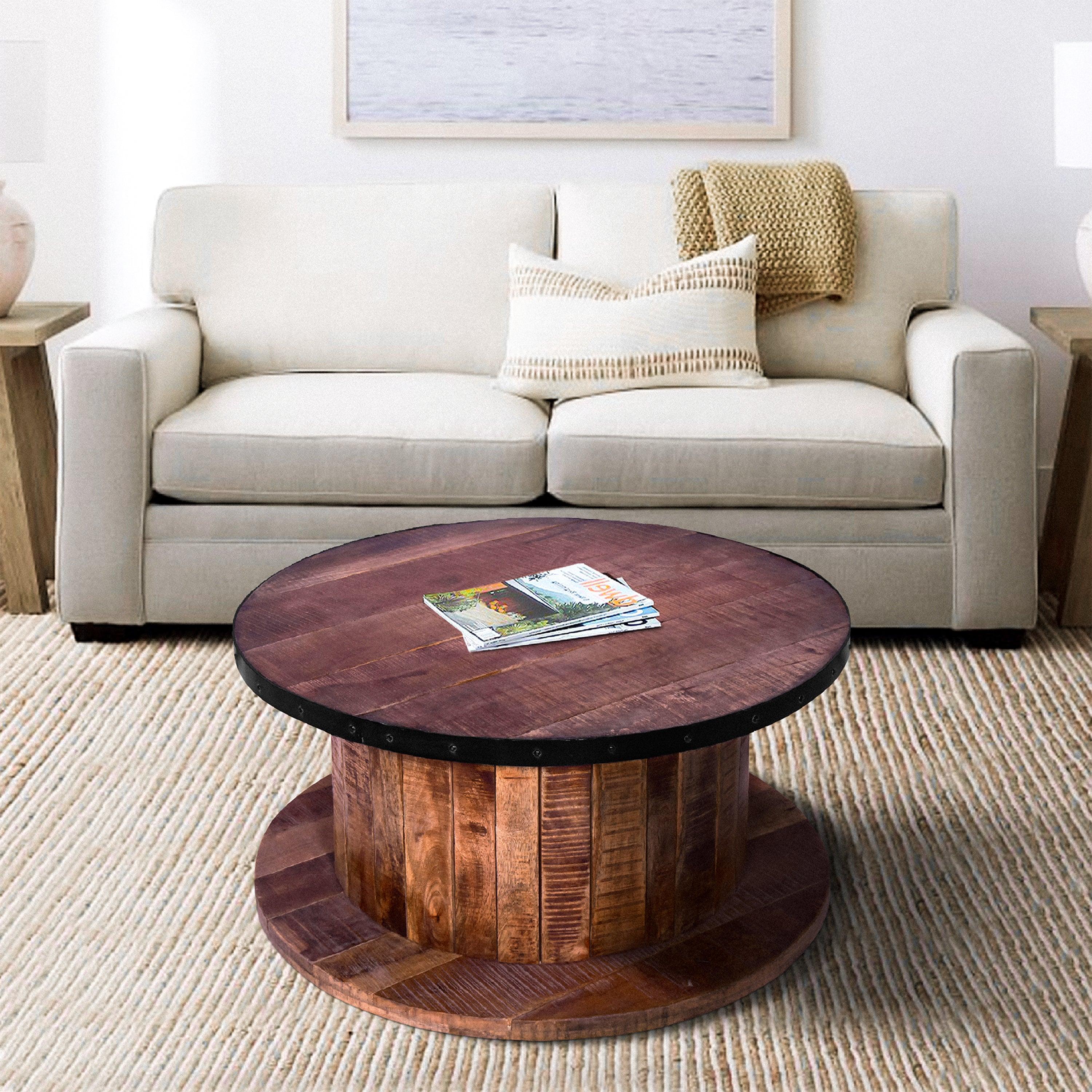 36 Inch ManWood Farmhouse Coffee Table with Rustic Plank Style Round Top and Base, Walnut and Natural Brown