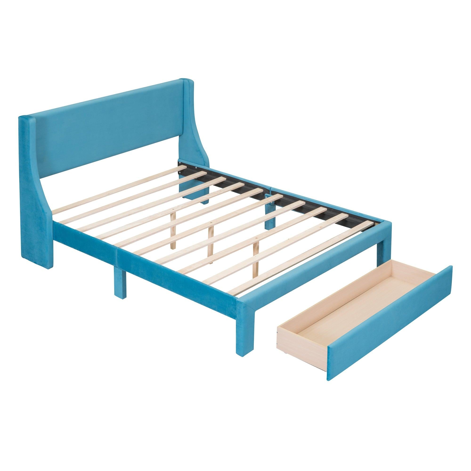 Queen SizeStorage Bed Velvet Upholstered Platform Bed with a Big Drawer - Blue