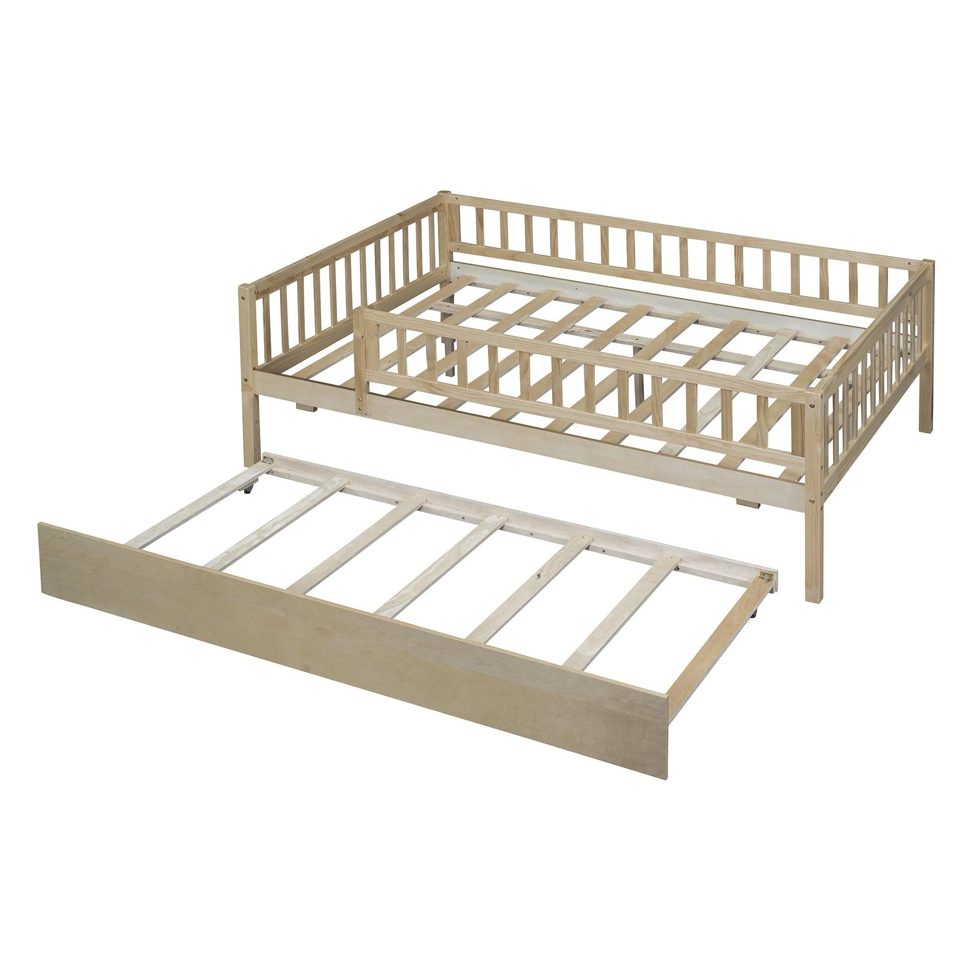 Full Size Wood Daybed with Trundle and Fence Guardrails, Natural