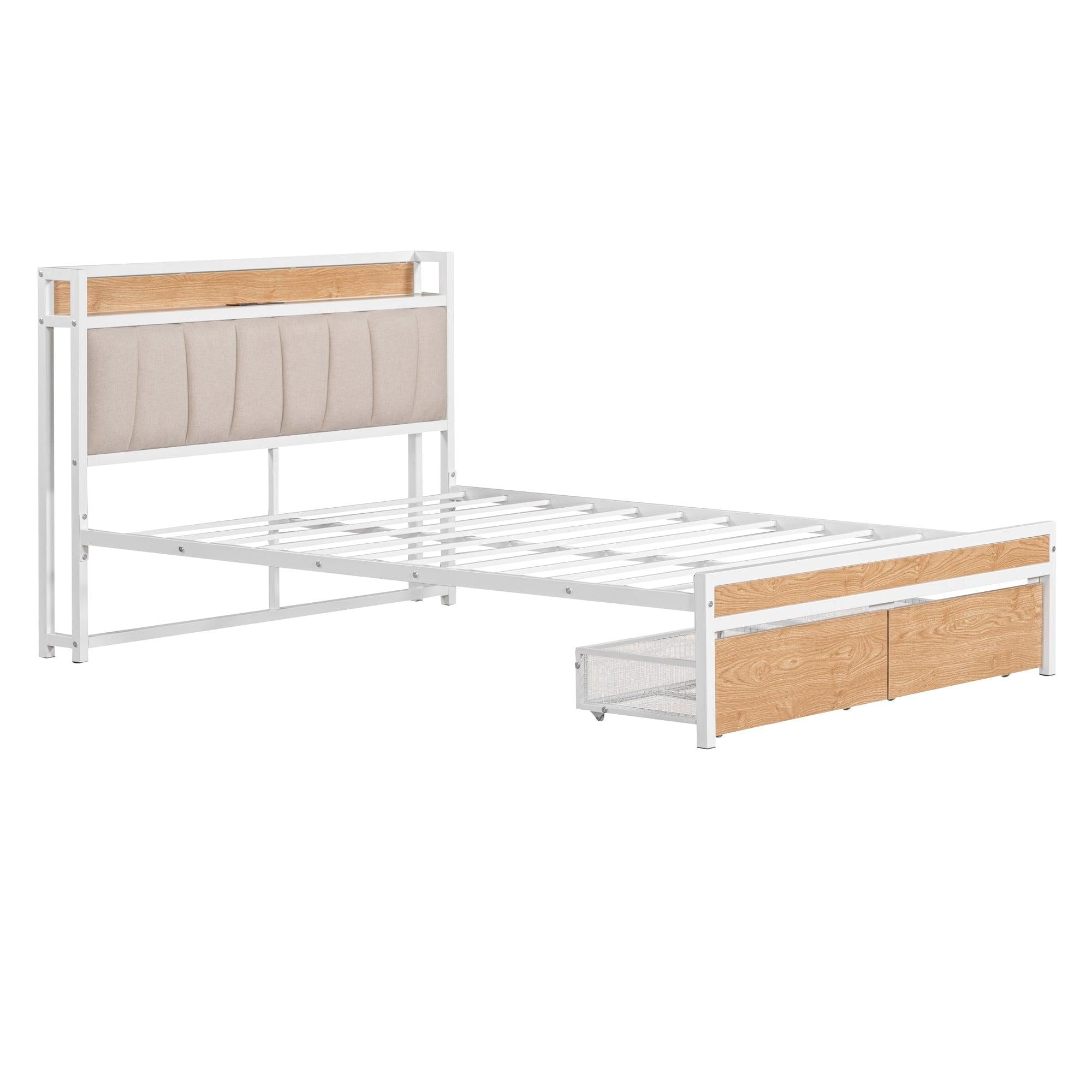 Full Size Metal Platform Bed Frame with 2 drawers, Upholstered headboard ，Sockets, USB Ports and Slat Support ,No Box Spring Needed，White