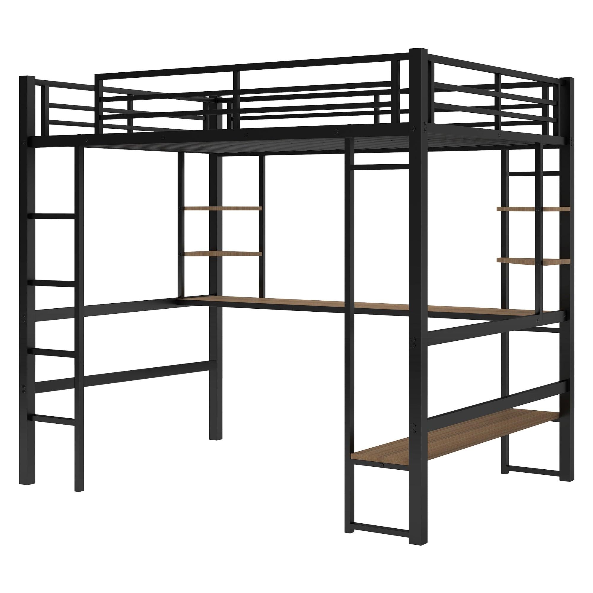 Full Size Loft Metal&MDF Bed with Long Desk and Shelves,Black