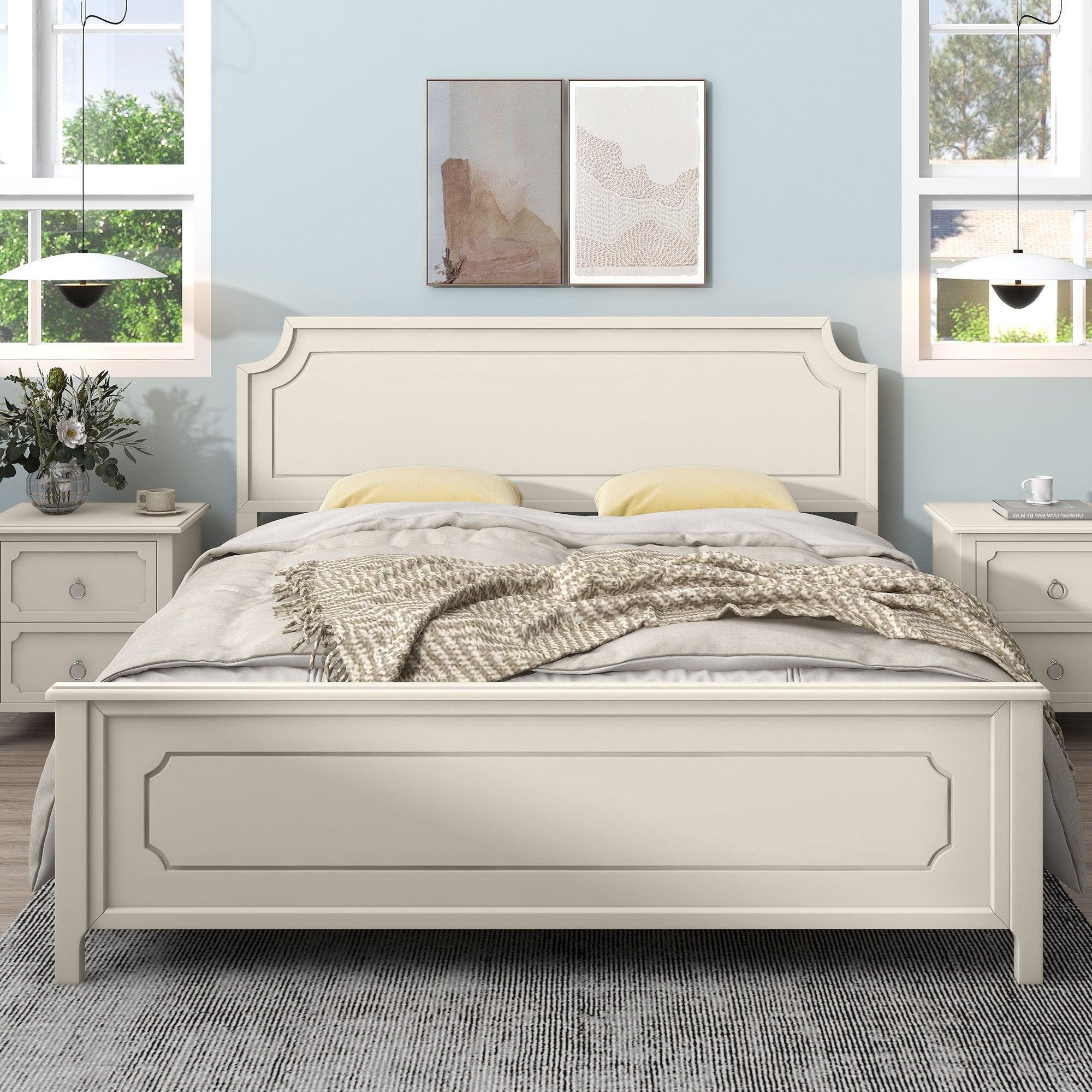 6 Pieces Bedroom Sets Milky White Solid Rubber Wood King Size Platform Bed with Nightstand*2, Chest, Mirror and Dresser