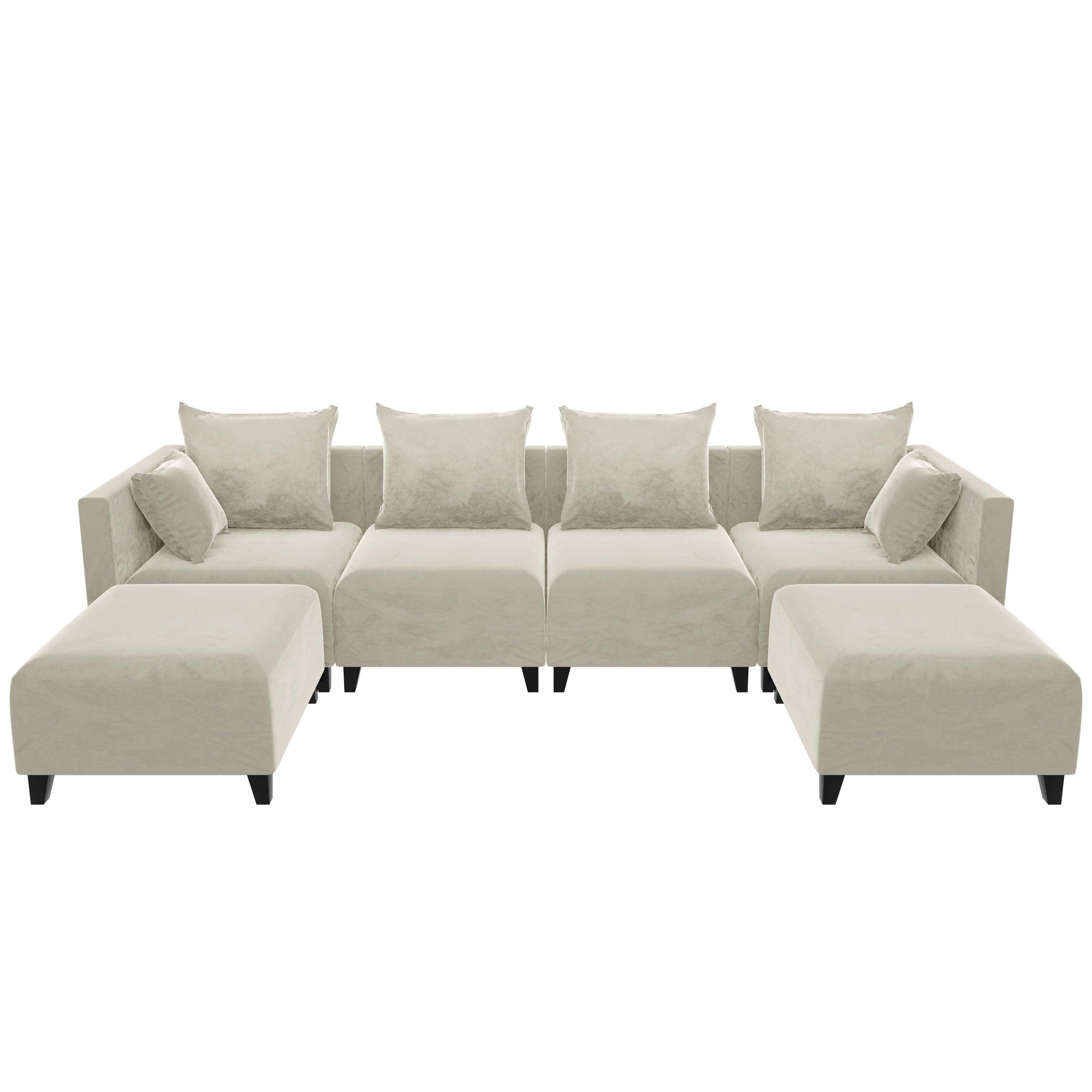 Sectional Sofa U shape Velvet Square Arm Sofa with 6 Pillows for Living Room, Beige with Black Foot