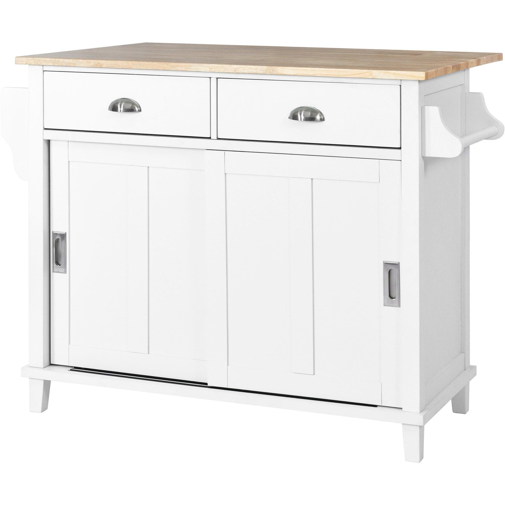 Kitchen Cart with Rubber wood Drop-Leaf Countertop, Concealed sliding barn door adjustable height,Kitchen Island on 4 Wheels withStorage Cabinet and 2 Drawers,L52.2xW30.5xH36.6 inch, White