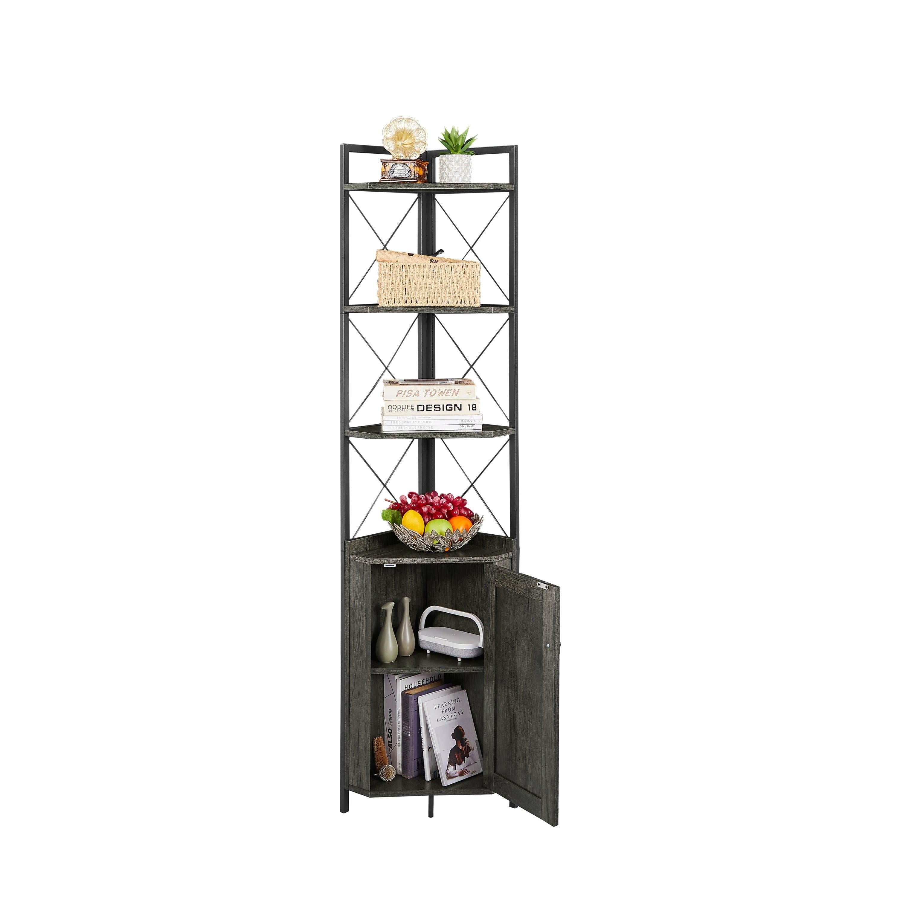 Corner Shelf 5-Tier withStorage，Corner cabinet Bookshelf StandStorage Rack(Dark Grey)