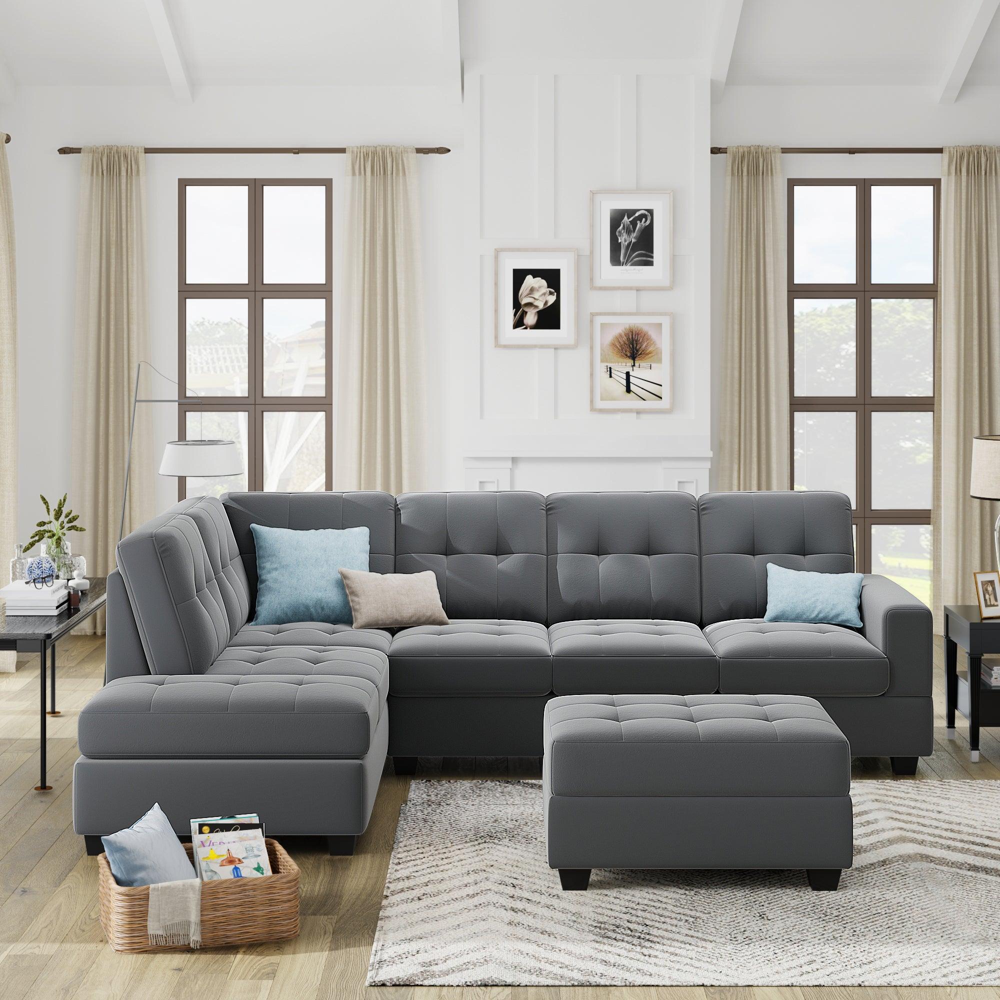 Sectional Sofa with Reversible Chaise Lounge, L-Shaped Couch withStorage Ottoman and Cup Holders