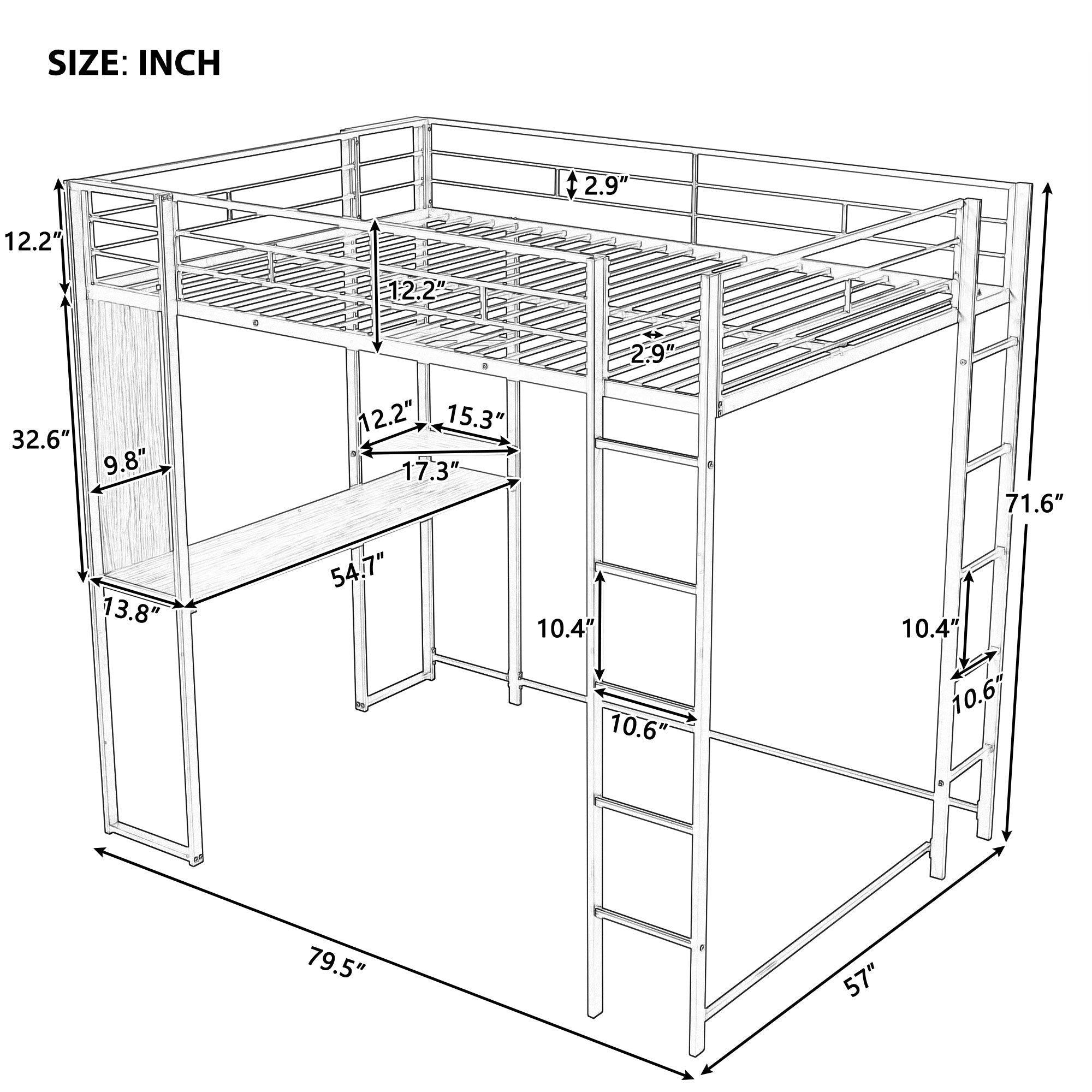 Full Size Metal Loft Bed with 2 Shelves and one Desk ,Black