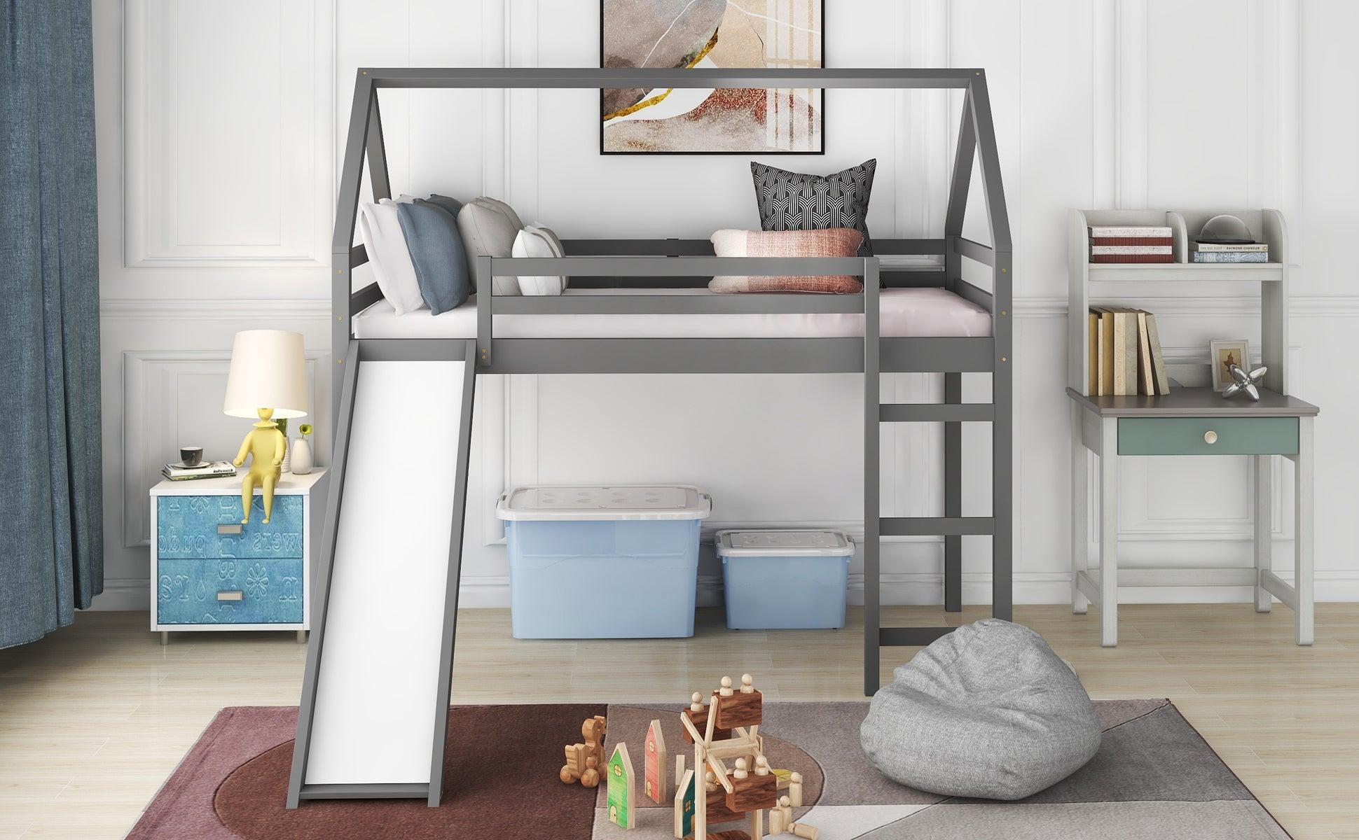 Twin Size Loft Bed with Slide, House Bed with Slide,Gray