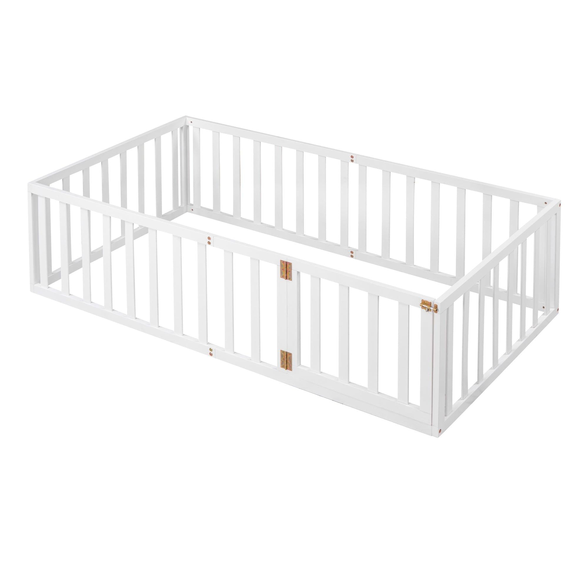 Twin Size Wood Floor Bed Frame with Fence and Door, White