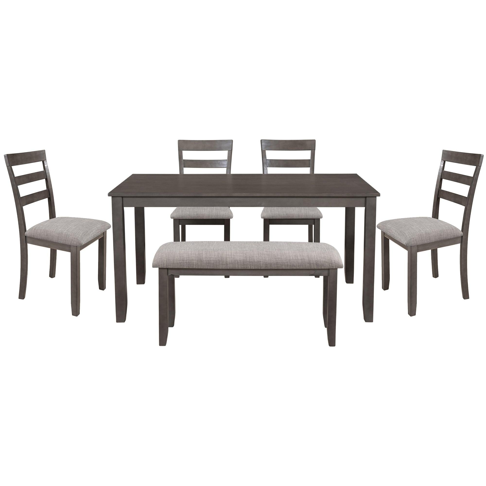 6-Piece Kitchen Simple Wooden Dining Table and Chair with Bench, Fabric Cushion (Gray)