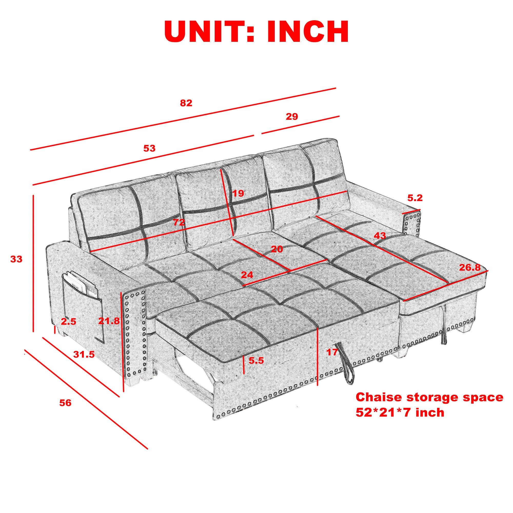 MH 82" Sleeper Sofa Bed Reversible Sectional Couch withStorage Chaise and SideStorage bag for Living Room Furniture Set, silver rivets on both hands