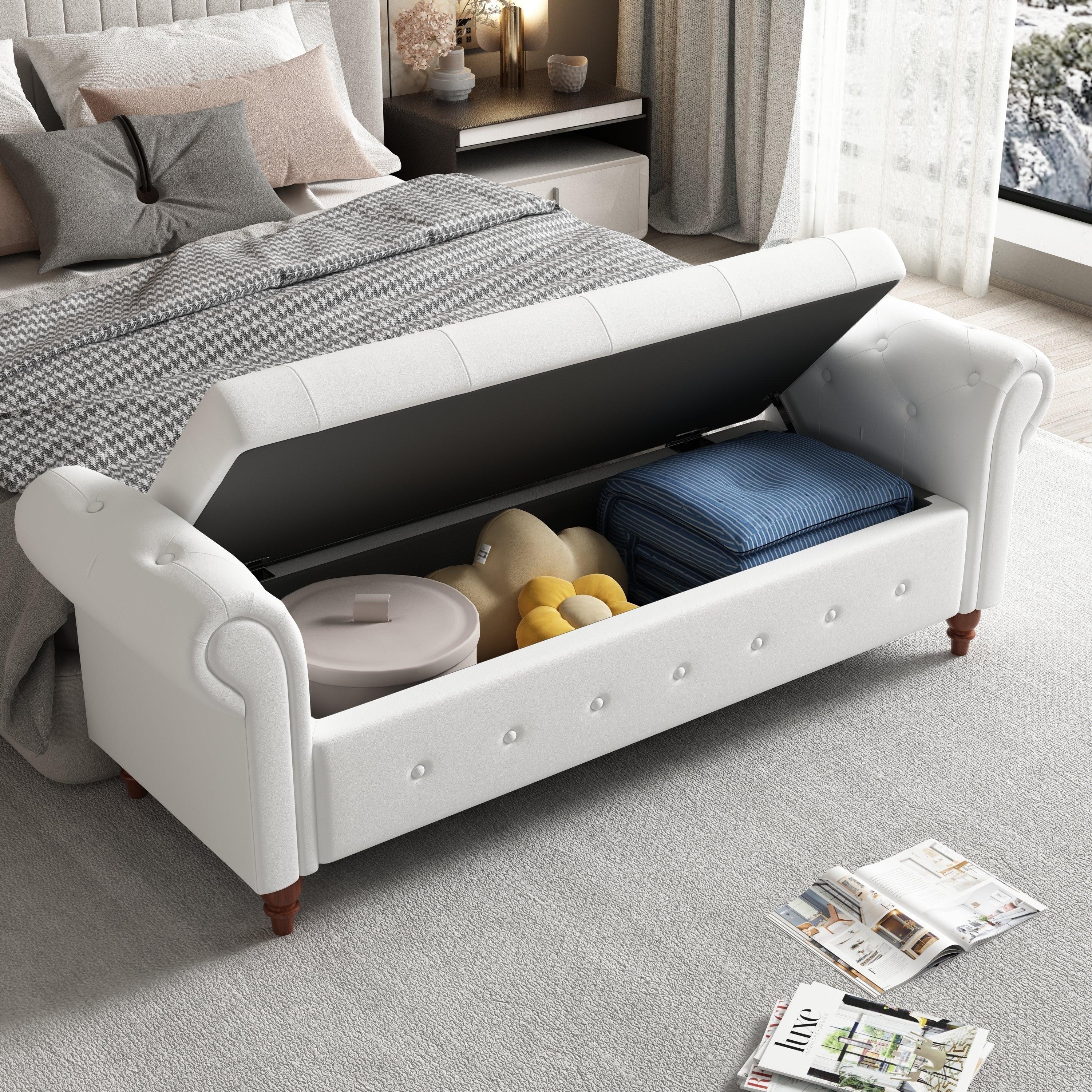 63" Bed Bench Cream White Fabric