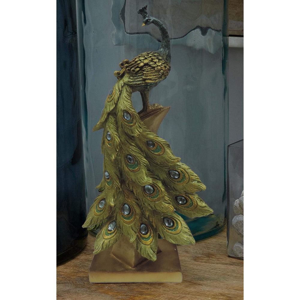 Polystone Decorative Peacock Figurine with Block Stand, Green and Gold