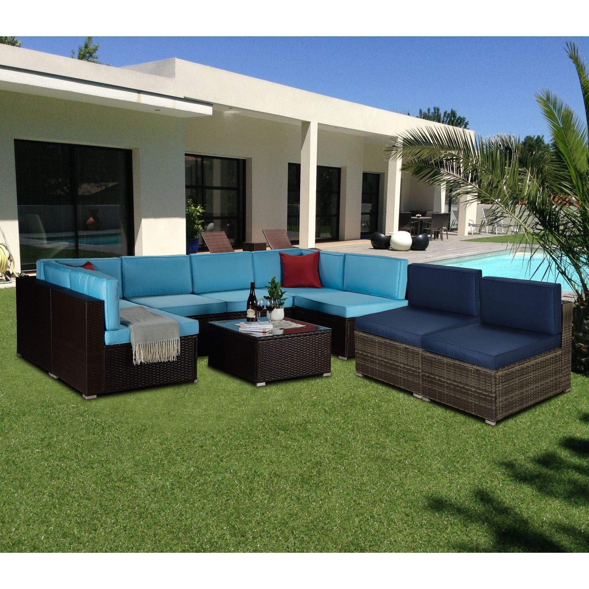 Outdoor Garden Patio Furniture 9-Piece Brown PE Rattan Wicker Sectional Blue Cushioned Sofa Sets