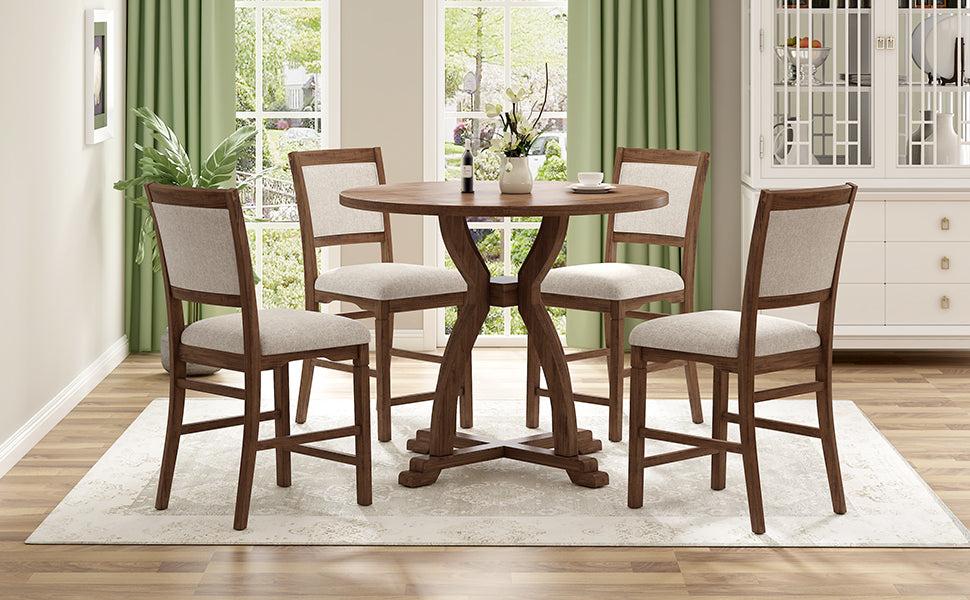 Farmhouse 5-Piece Round Dining Table Set with Trestle Legs and 4 Upholstered Dining Chairs for Small Place, Brown