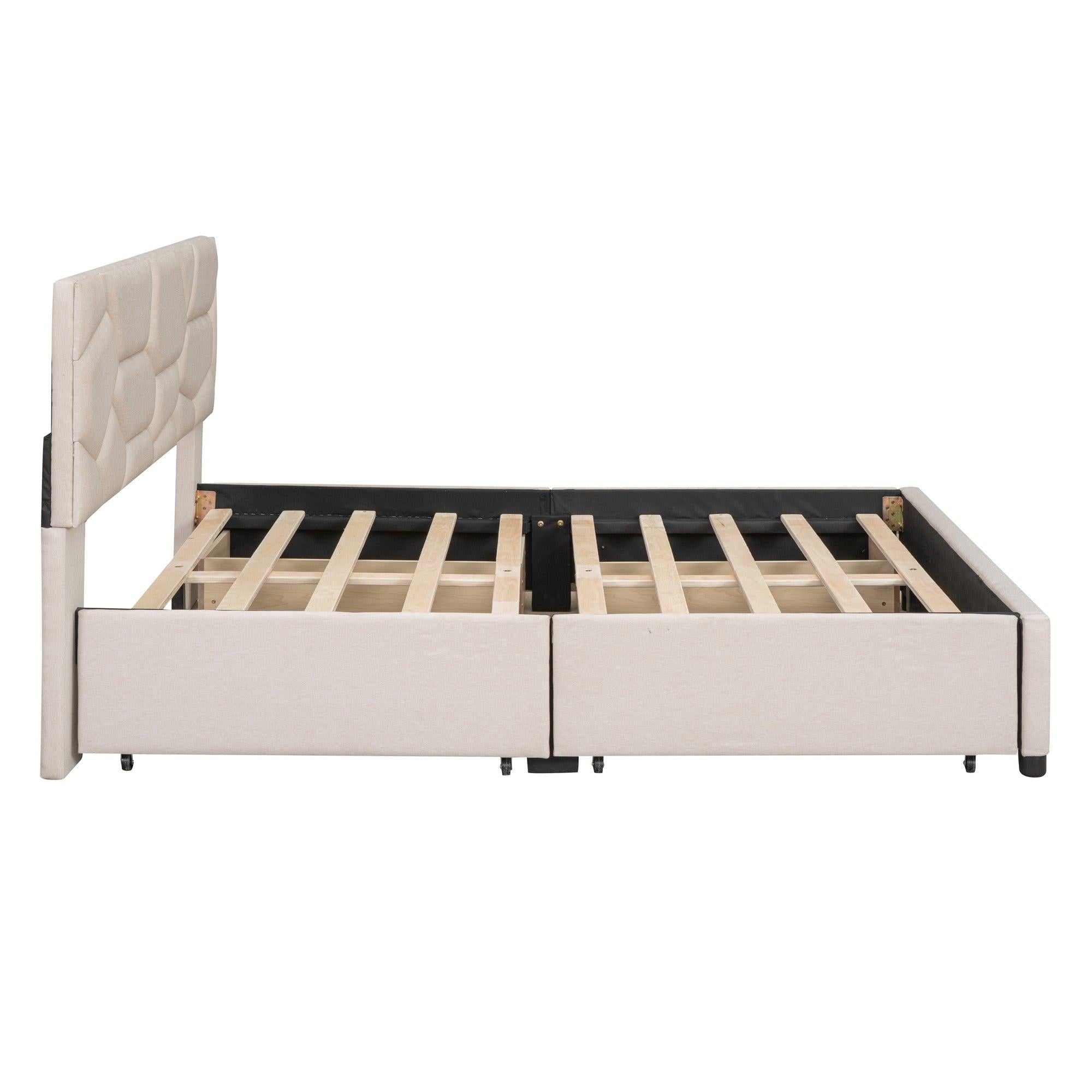 Full Size Upholstered Platform Bed with Brick Pattern Heardboard and 4 Drawers, Linen Fabric, Beige