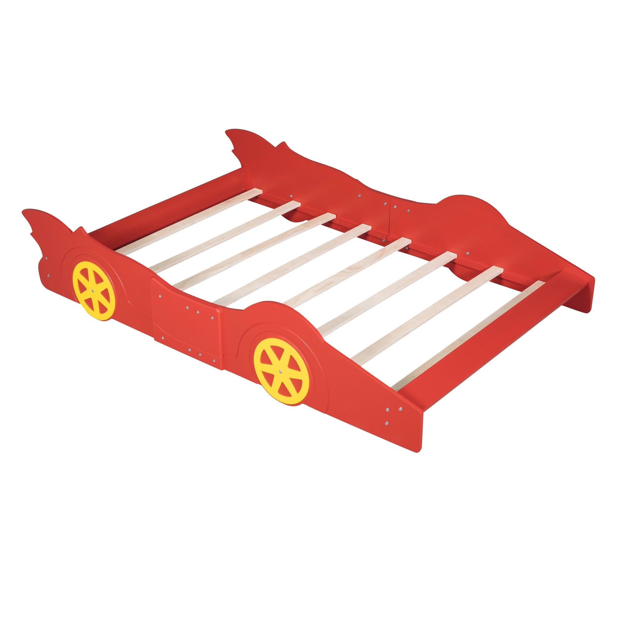 Full Size Race Car-Shaped Platform Bed with Wheels,Red