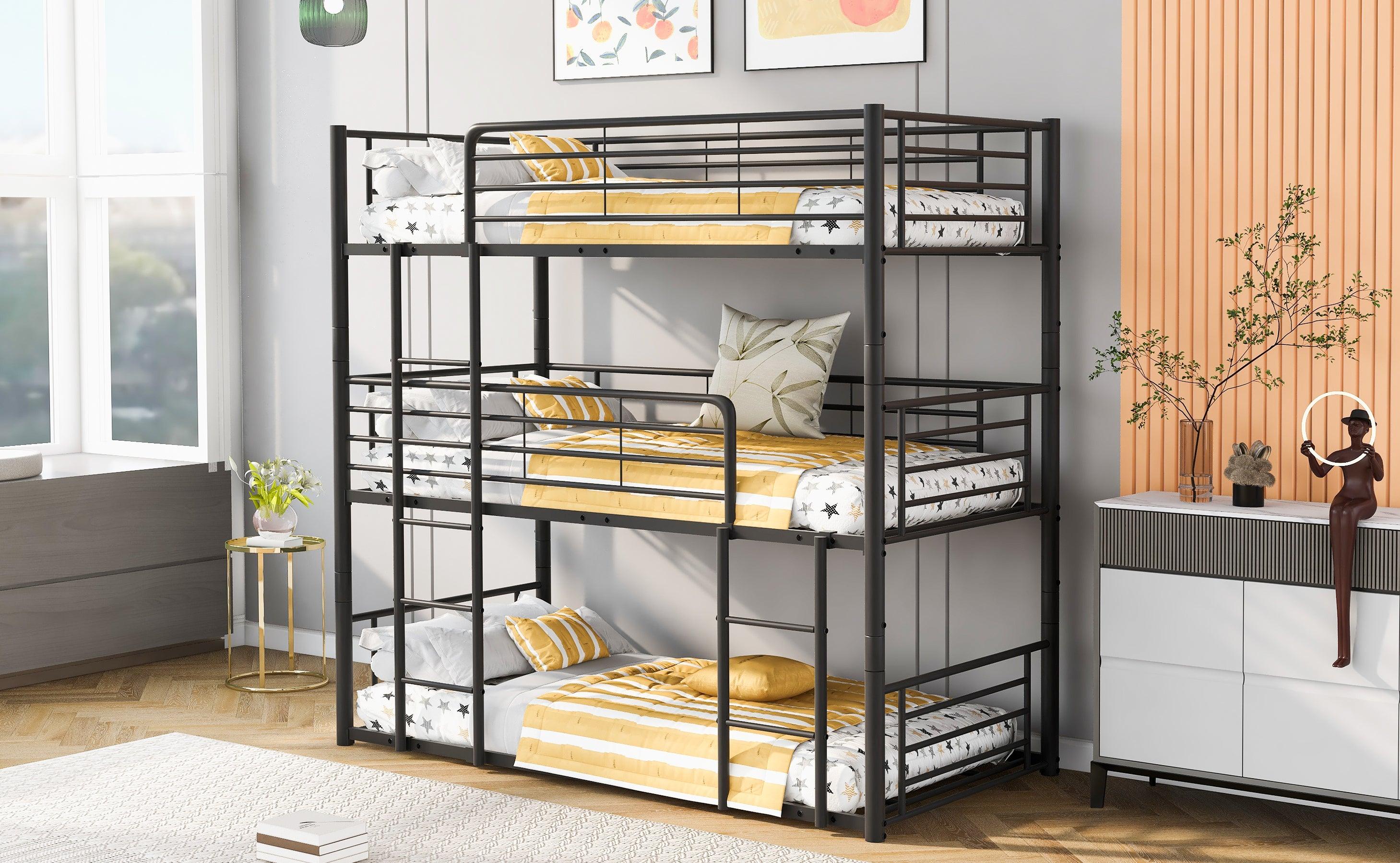 Twin-Twin-Twin Triple Bed with Built-in Ladder, Divided into Three Separate Beds,Black