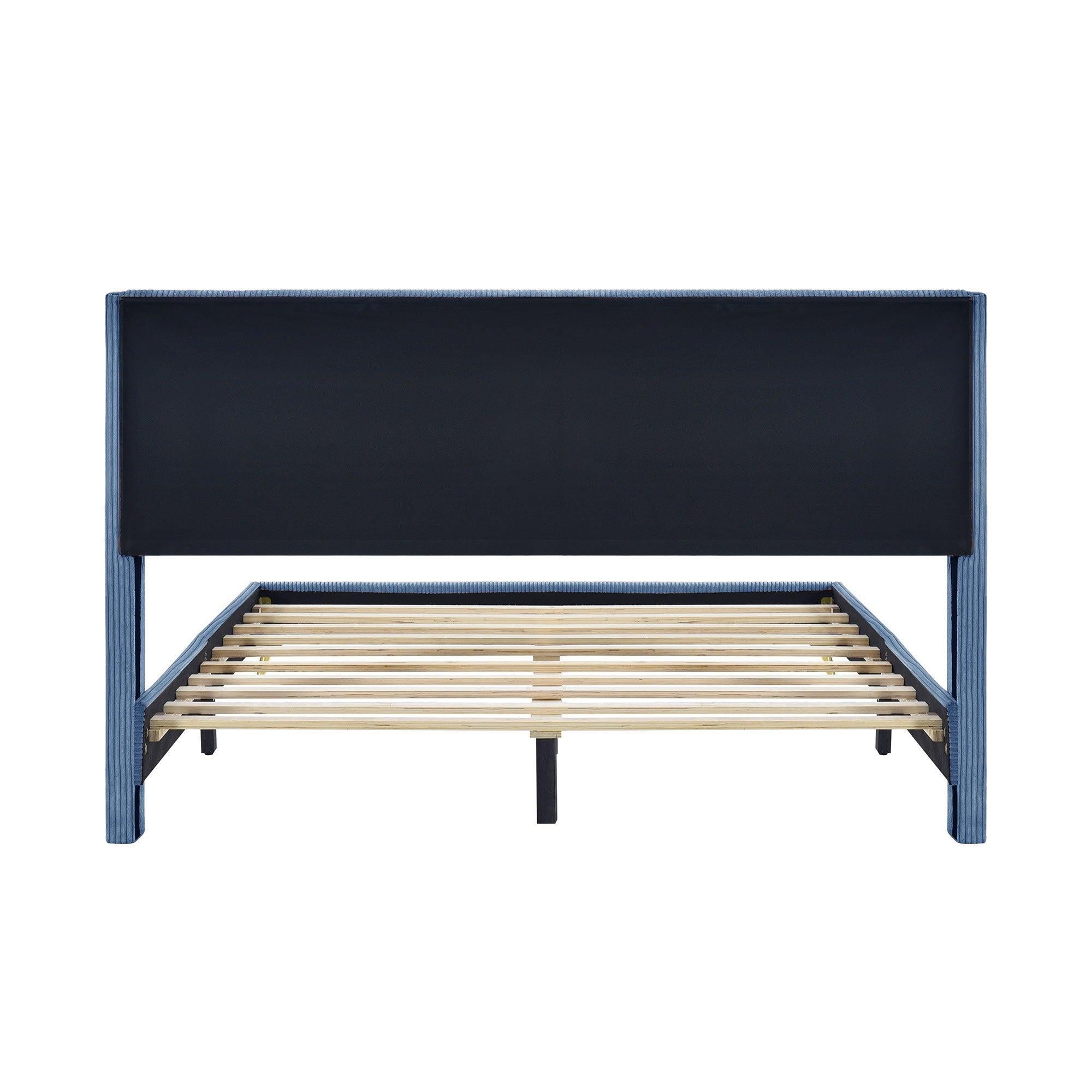 Queen Size Corduroy Platform Bed with Metal Legs, Blue