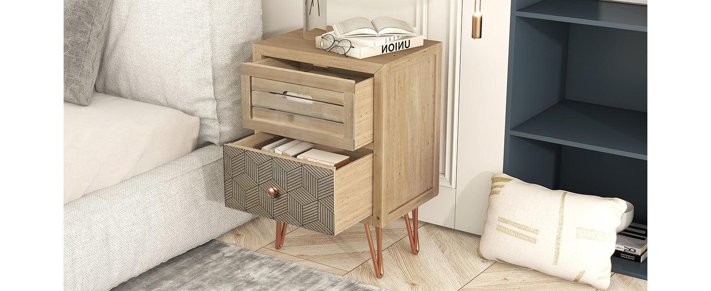 Wooden Nightstand with Two Drawer and Metal Feet Antique Style Bedside Table (Natural)