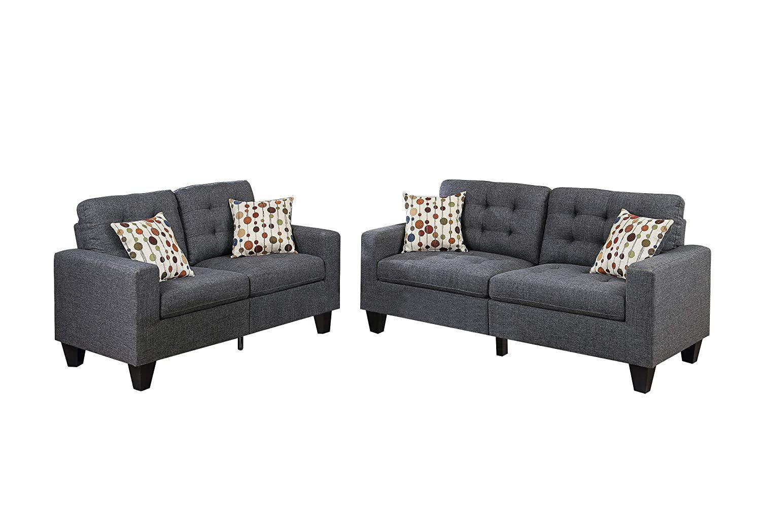 Living Room Furniture 2pc Sofa Set Blue Grey Polyfiber Tufted Sofa Loveseat w Pillows Cushion Couch Solid pine