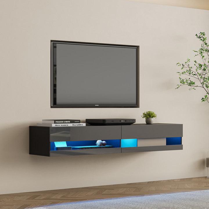 180 Wall Mounted Floating 80" TV Stand with 20 Color LEDs，black+grey