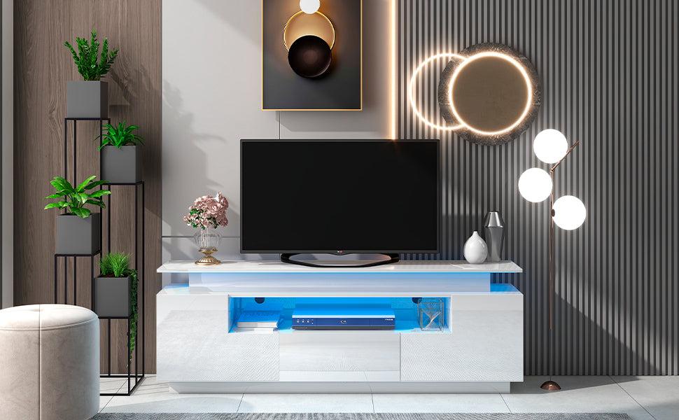 Modern, Stylish Functional TV stand with Color Changing LED Lights, Universal Entertainment Center, High Gloss TV Cabinet for 75+ inch TV, White