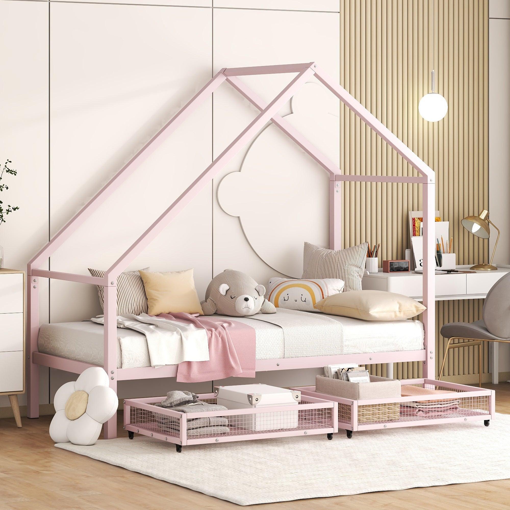 Twin Size Metal House Bed with TwoStorage Drawers, Pink image