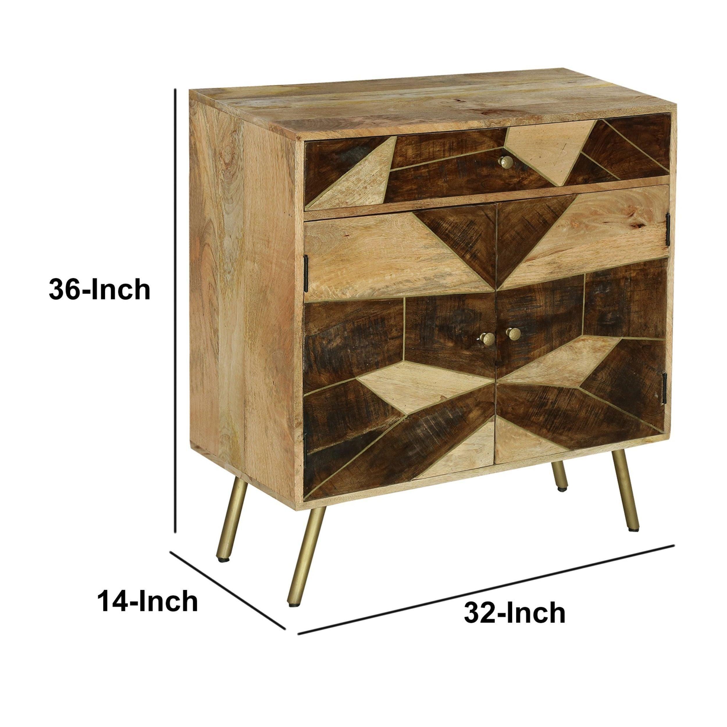 Brita 36 Inch ManWood Nightstand Side Table Cabinet, 2 Doors, Geometric Inlaid Design, Brown, Gold