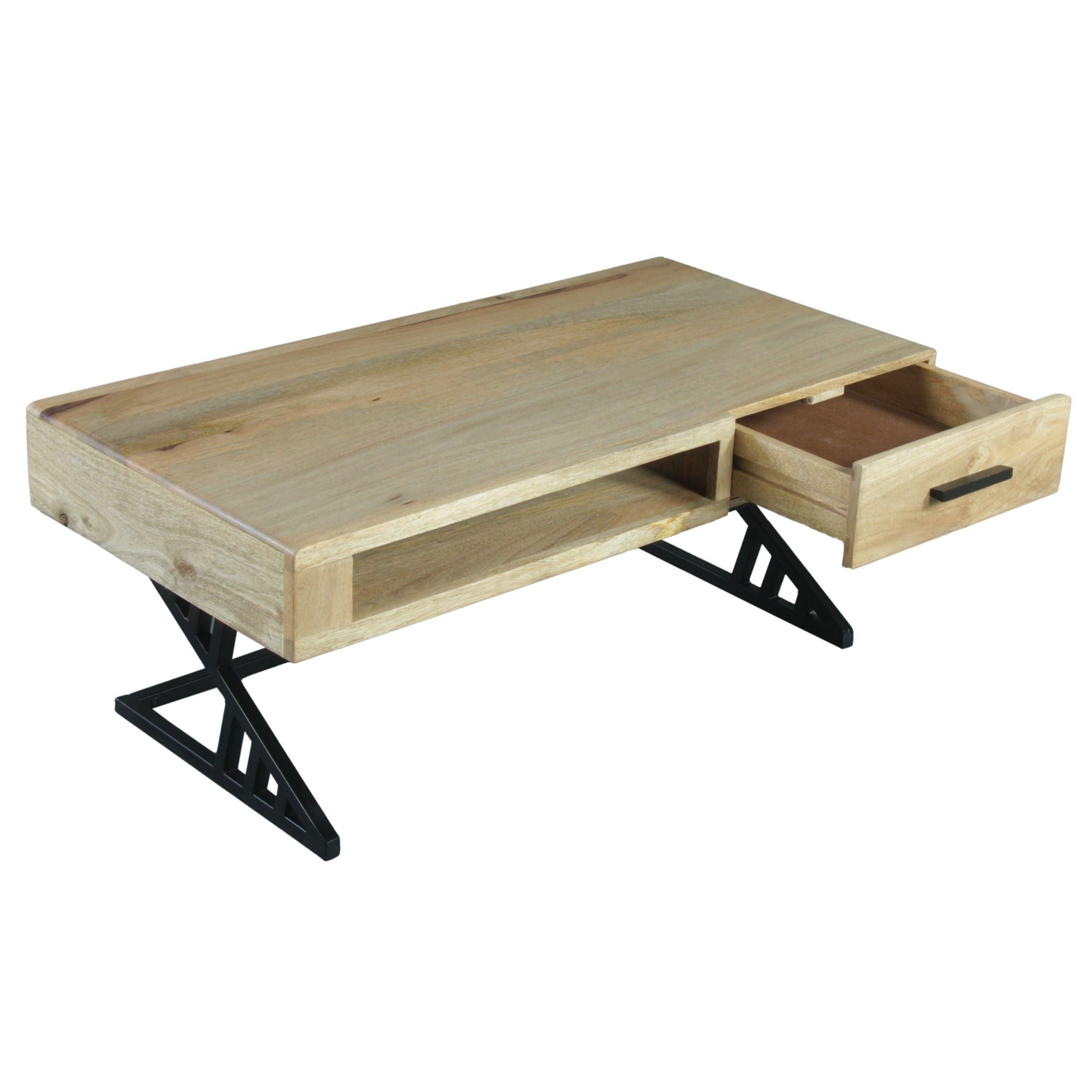 40 Inch Handcrafted Industrial ManWood Coffee Table, 1 Drawer, Metal Frame, Light Brown and Black