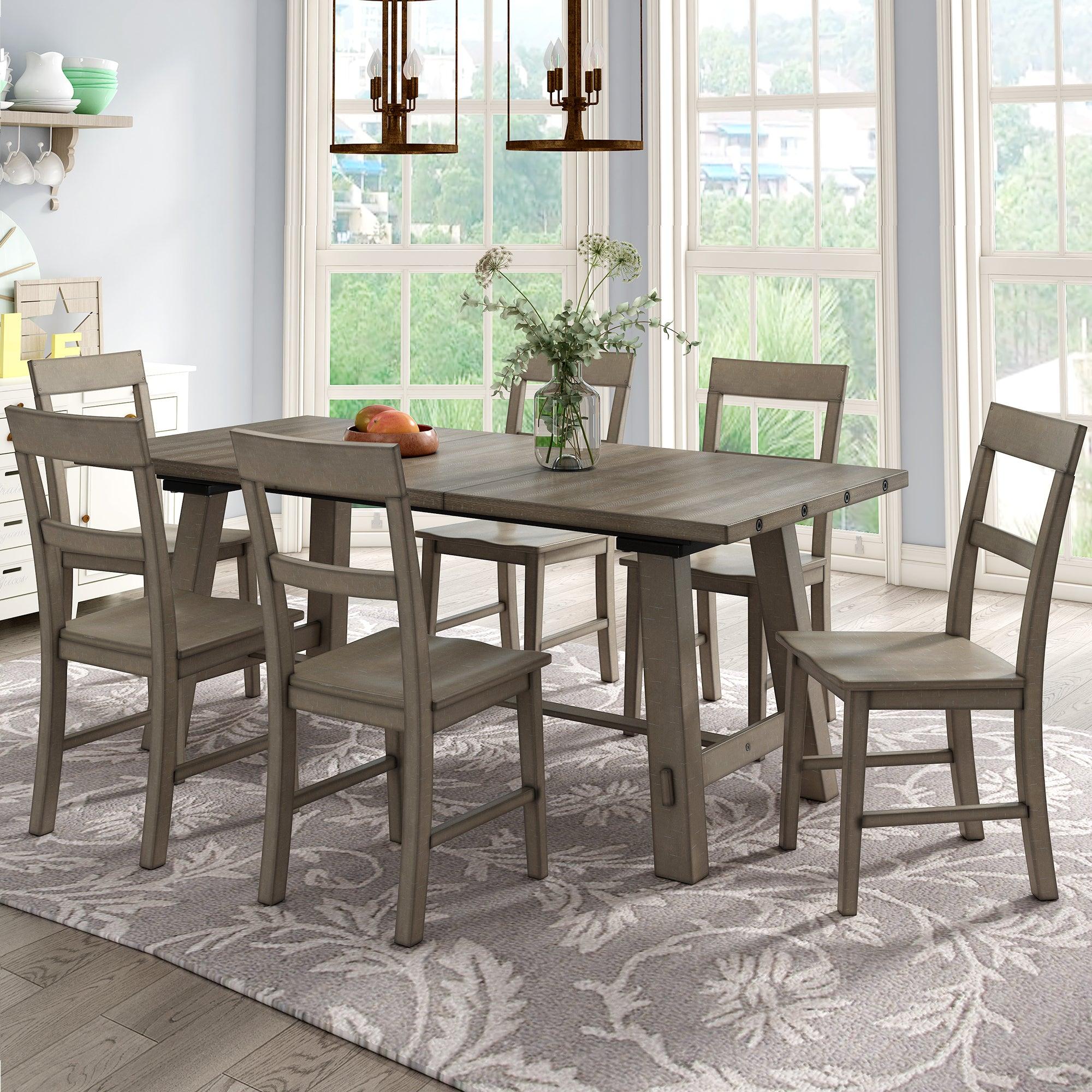 Retro Industrial Style 7-Piece Dining Table Set Extendable Table with 18” Leaf and Six Wood Chairs 
(Gray)